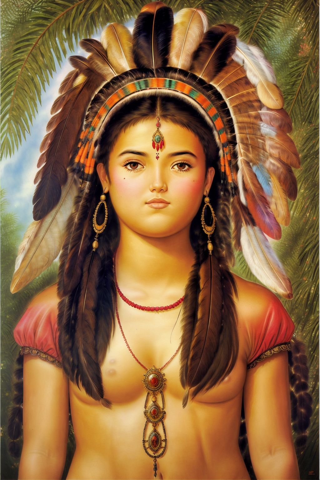  (((best quality))),(((highly detailed))),(((masterpiece))),(((ultra-detailed))),(((illustration))),(((extremely detailed))),((exciting)), Native Indian, 1 Indian girl, whole body, (((Indian feather headdress))), Indian necklace, delicate and beautiful face, graffiti on the face, beautiful eyes, watercolor, splash ink, brown crystal eyes, highlight, tropical plants, macaws, highlight, rich pictures,ultraclear,perfect,high-definition,8k

我的文件助手16:17:39
(((best quality))),(((highly detailed))),(((masterpiece))),(((ultra-detailed))),(((illustration))),(((extremely detailed))),((exciting)), Native Indian, 1 Indian girl, whole body, (((Indian feather headdress))), Indian necklace, delicate and beautiful face, graffiti on the face, beautiful eyes, watercolor, splash ink, brown crystal eyes, highlight, tropical plants, macaws, highlight, rich pictures, ultra clear, perfect, high-definition, 8k

,mj,Fernando Botero