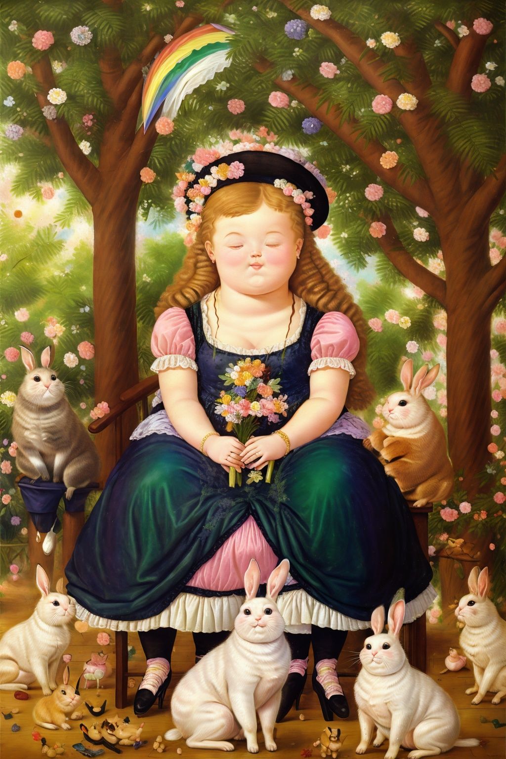  Create a lively and cheerful scene with a baby in a rainbow-colored outfit sitting in a garden, accompanied by a playful bunny. Flowers, butterflies, and rainbows decorate the surroundings, presenting a delightfully whimsical tea party,Renaissance,Renaissance period,Fernando Botero