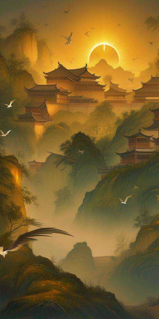 Masterpiece,high quality,scenery,chinese architecture,trees,birds,sun,dusk<lora:UIACH:1>