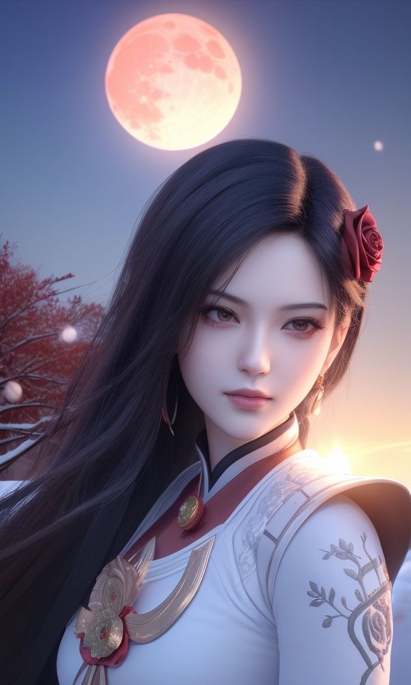 (,1girl, ,best quality, )<lora:346-DA-梦塔·雪谜城-成芊:0.8>,, ,masterpiece, (( , )),, realistic,science fiction,mole, ultra realistic 8k cg, ,tamari \(flawless\),     ,outdoors, snow, snowing, snow on head, sun,sunset,sunlight,moonlight,full moon, red moon,  crescent moon,  crescent rose,  black rose,       (()), (),