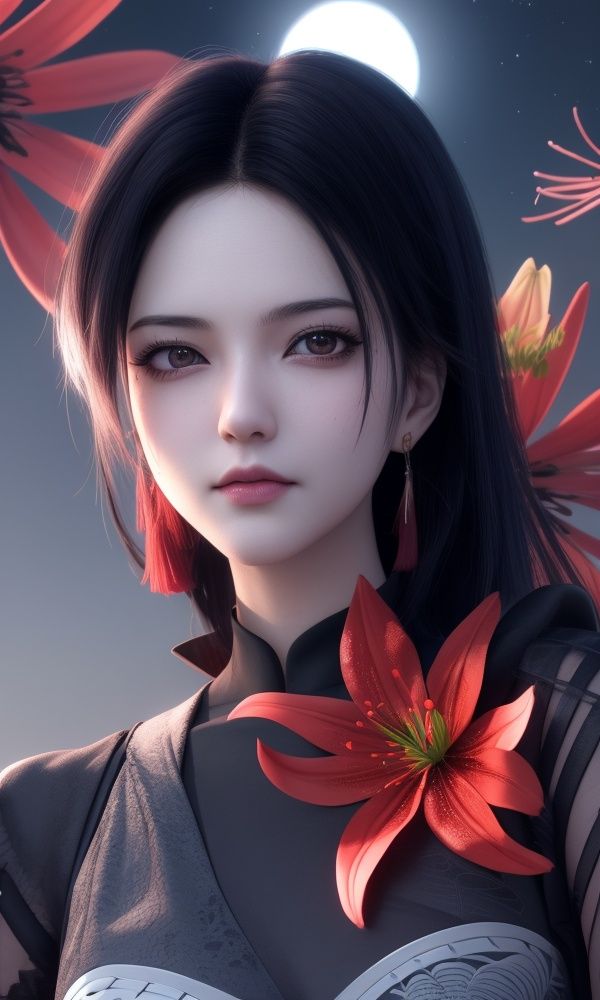 (,1girl, ,best quality, )<lora:346-DA-梦塔·雪谜城-成芊:0.7>,, ,masterpiece, (( , )),, realistic,science fiction,mole, ultra realistic 8k cg, ,tamari \(flawless\),     ,spider lily,full moon (()), (),