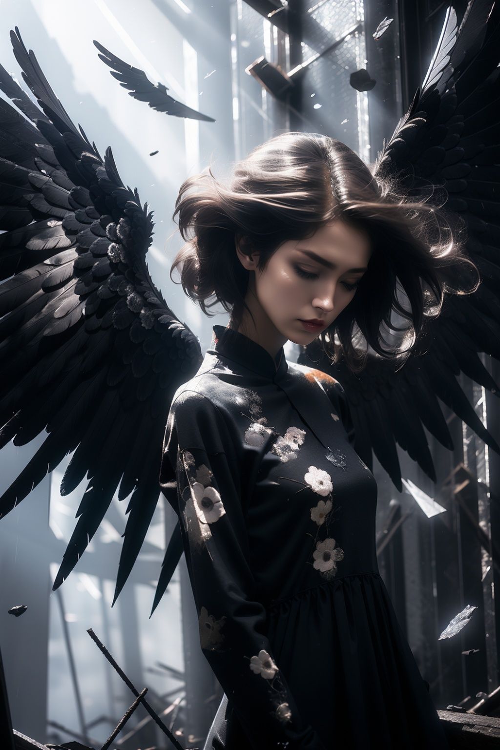  1china girl, Fallen angel,Low Angle,Short hair,heiyi,ruins,black wings,soft light,sadness,loss,pain,artistic style,sunshine,