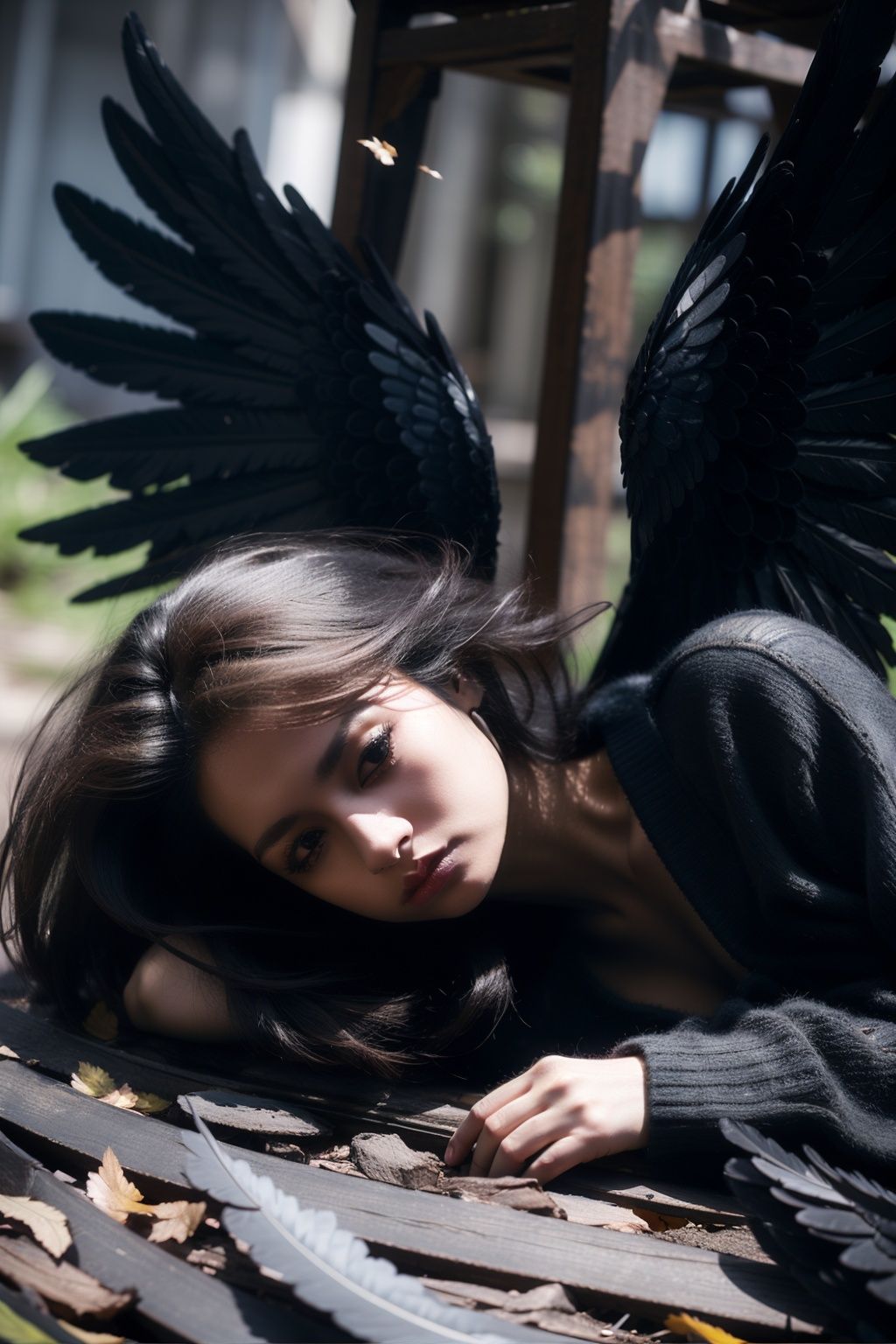  1china girl, Fallen angel,Low Angle,Short hair,heiyi,ruins,black wings,soft light,sadness,loss,pain,artistic style,sunshine,