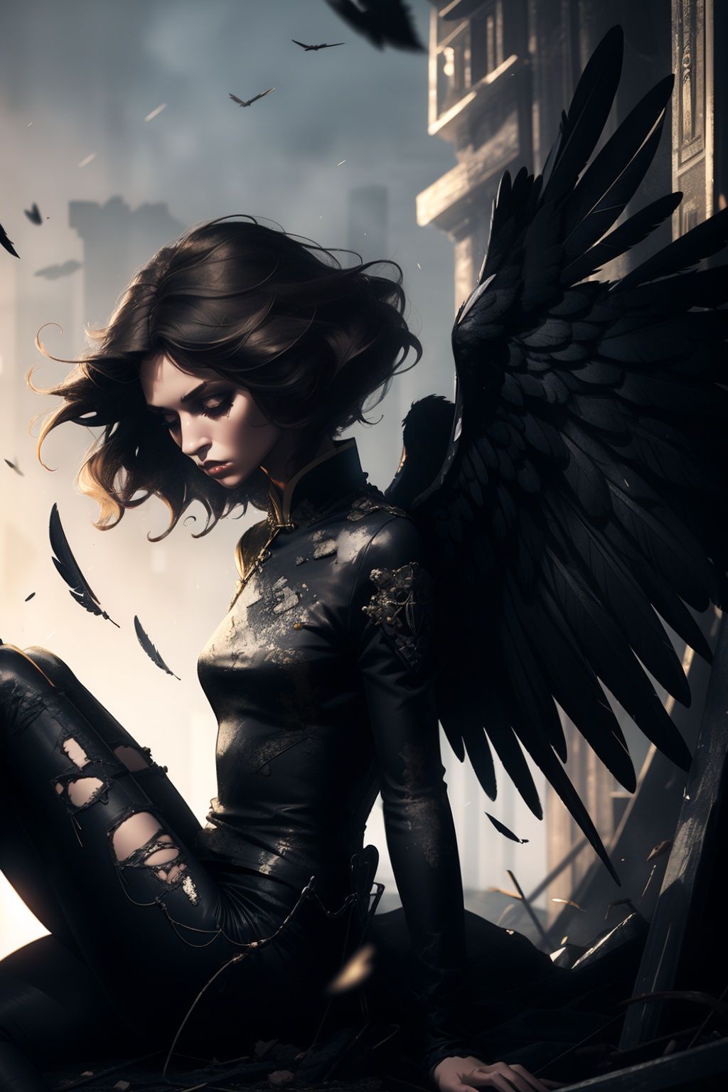  1china girl, Fallen angel,Low Angle,Short hair,heiyi,ruins,black wings,soft light,sadness,loss,pain,artistic style,sunshine,