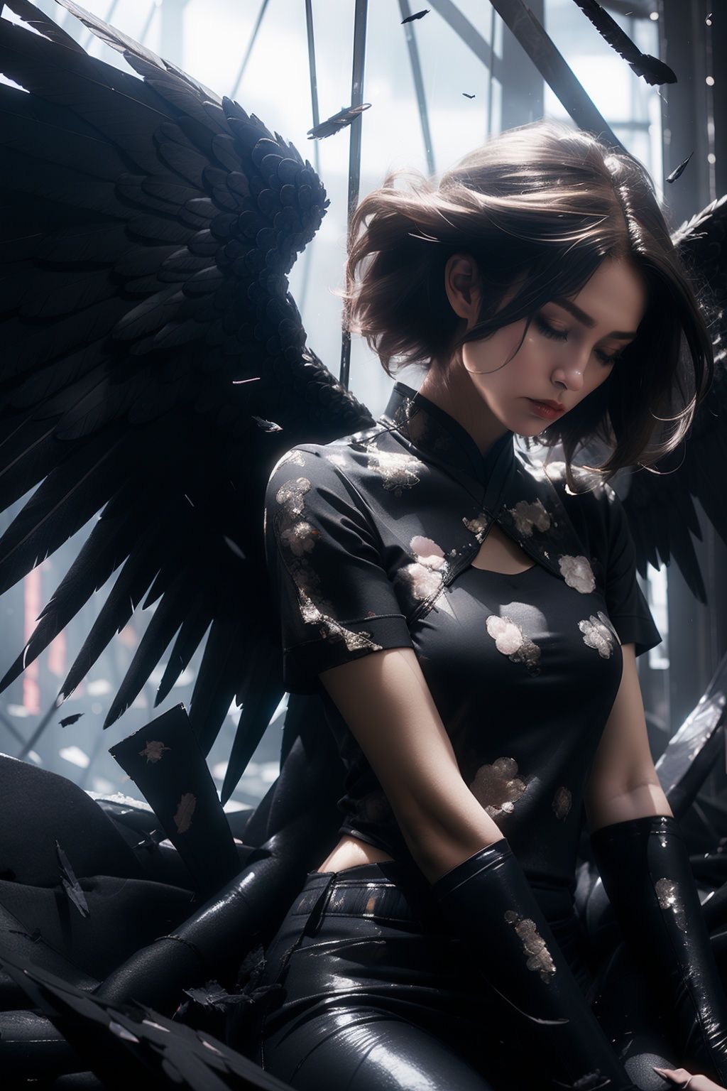  1china girl, Fallen angel,Low Angle,Short hair,heiyi,ruins,black wings,soft light,sadness,loss,pain,artistic style,sunshine,