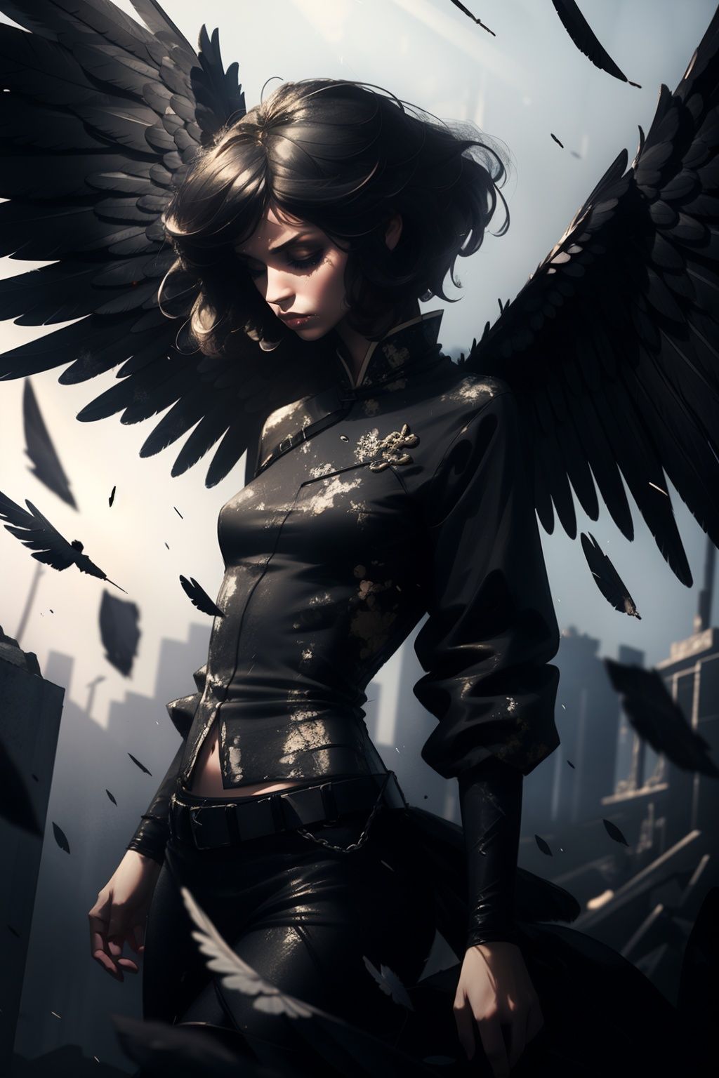 1china girl, Fallen angel,Low Angle,Short hair,heiyi,ruins,black wings,soft light,sadness,loss,pain,artistic style,sunshine,