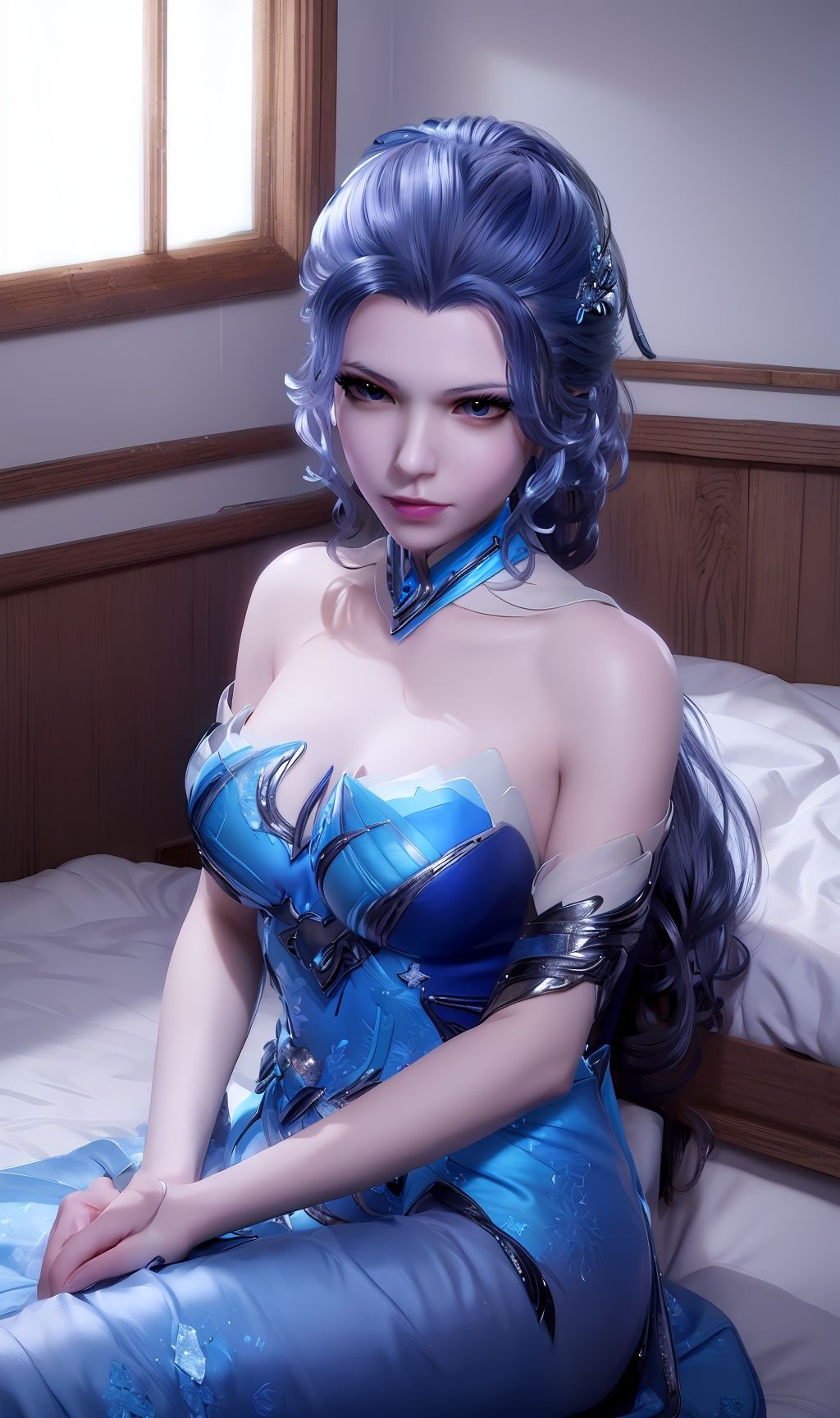 masterpiece,(best quality),official art, extremely detailed cg 8k wallpaper,((crystalstexture skin)), (extremely delicate and beautiful),highly detailed,1girl,solo,long hair,headwear,(sitting,sit down)),( hair),((dress)),((upper body)),sweet smile, (medium breasts),((hair_ornament)),(sunshine, indoor,(bed)),, <lora:hipoly3DModelLora_v10:0.3>