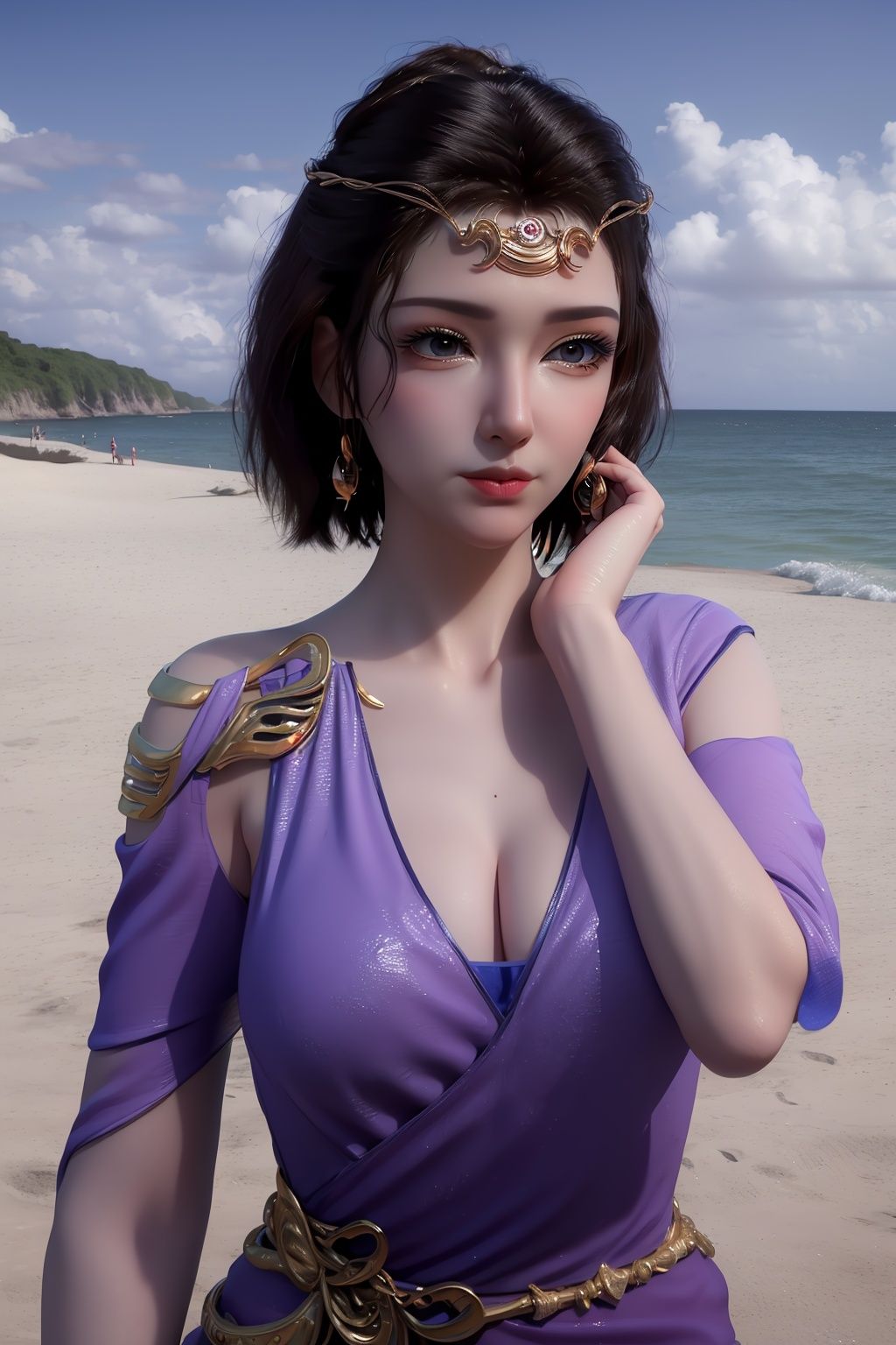 masterpiece,(best quality),(3d)official art, extremely detailed cg 8k wallpaper,((crystalstexture skin)), (extremely delicate and beautiful),highly detailed,((hair_ornament)),(face,eyes),1girl,solo,short hair,headwear,(standing),(hair),(closed mouth),(looking at the audience:1.3),(Facing the camera:1.3),hand,gloves,makeup,((blue dress))((Summer, beach, sunbathing, seaside)),detached_sleeves,((looking_at_viewer)), (cleavage,medium breasts), (upper body), <lora:hipoly3DModelLora_v10:0.3>