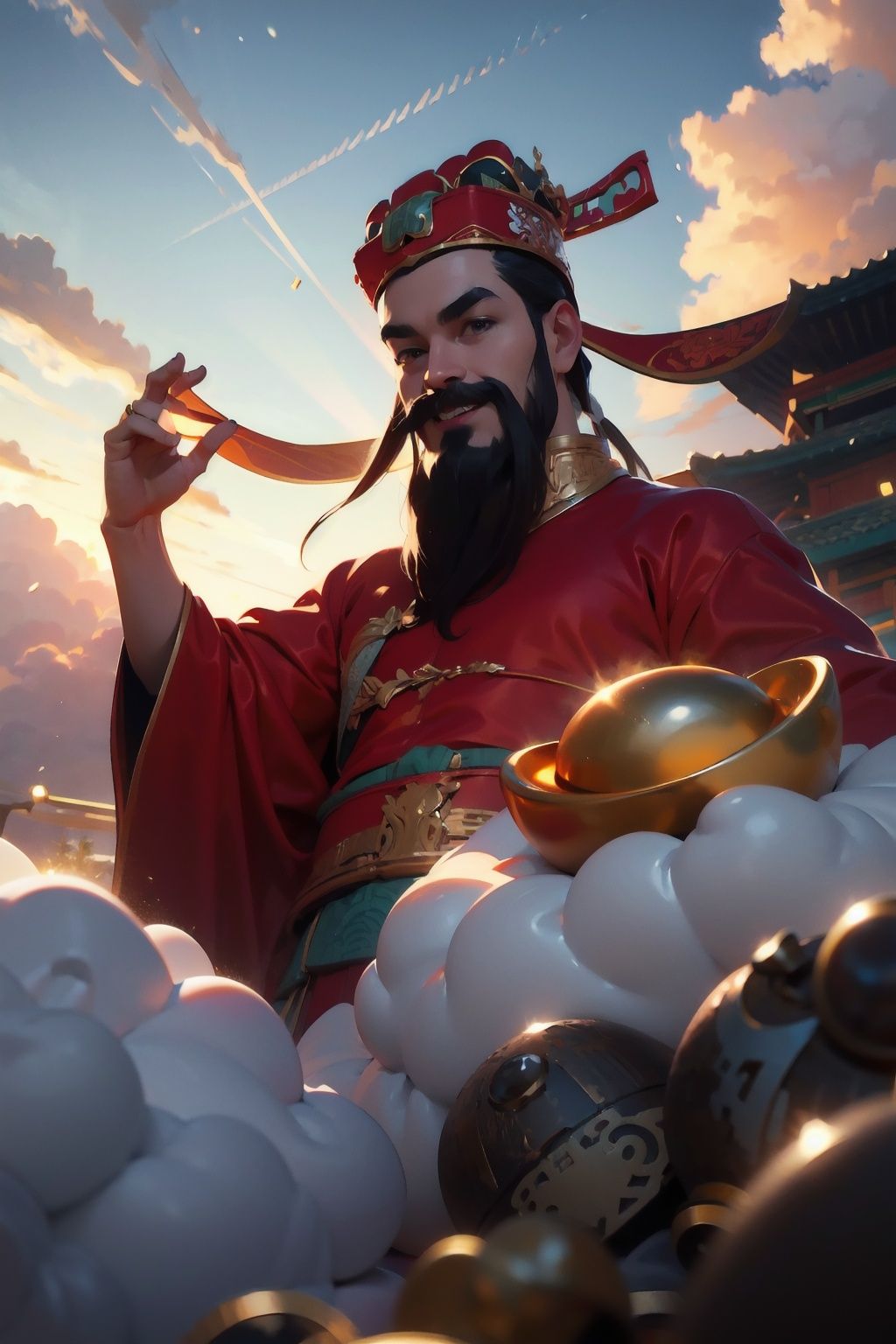 masterpiece,best quality,caishen,1man,facial hair,beard,solo,chinese clothes,long sleeves,wearing red caishen_headwear,wide sleeves,smile,gold,cloud,<lora:caishen_v2.0:0.8>,