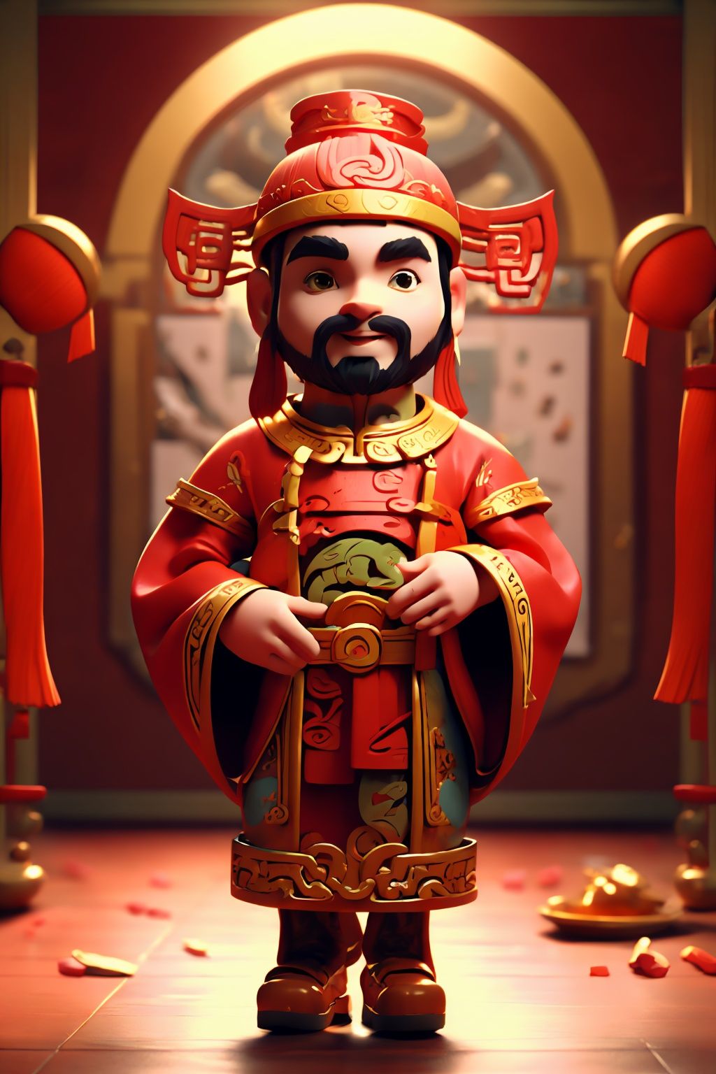 masterpiece,best quality,caishen,1man,(facial hair:1.2),solo,chibi,chinese clothes,male focus,looking at viewer,long sleeves,wearing red caishen_headwear,wide sleeves,robe,smile,full body,golden,<lora:caishen_v2.0:0.8>,<lora:C D_20230617011627:1>,
