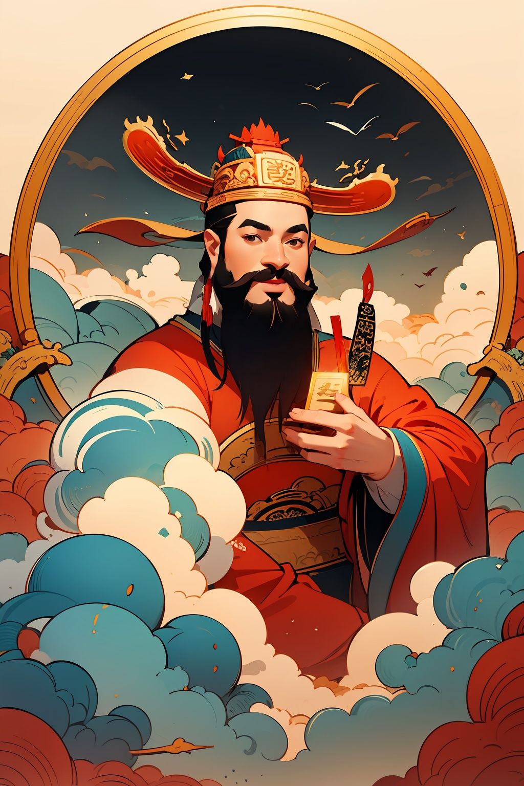 masterpiece,best quality,caishen,1man,facial hair,beard,solo,chinese clothes,male focus,looking at viewer,long sleeves,wearing red caishen_headwear,wide sleeves,yuanbao,coin,smile,gold,cloud,<lora:caishen_v2.0:0.8>,<lora:20231114-1699928147886:0.5>,