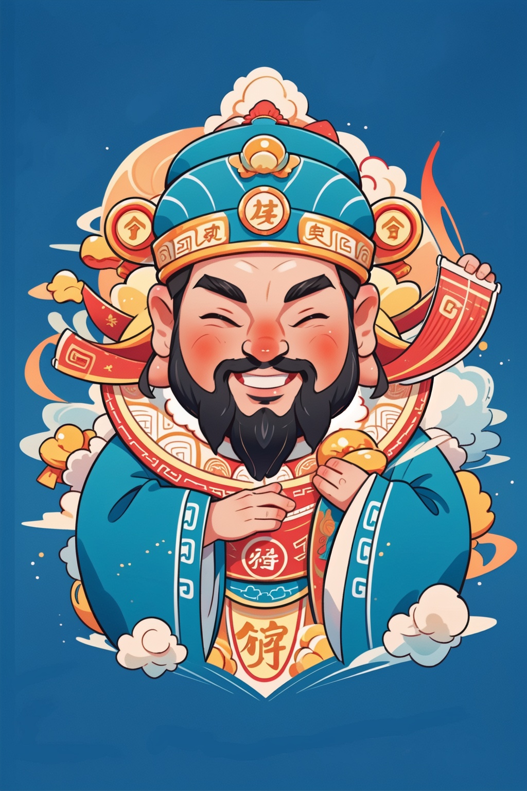masterpiece,best quality,caishen,1man,facial hair,beard,solo,chinese clothes,long sleeves,wearing black caishen_headwear,wide sleeves,smile,gold,cloud