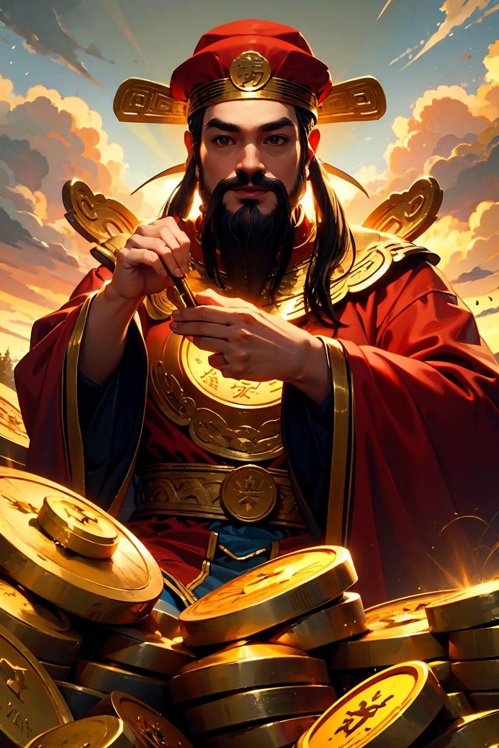 masterpiece,best quality,caishen,1man,facial hair,beard,solo,chinese clothes,male focus,looking at viewer,long sleeves,wearing red caishen_headwear,wide sleeves,(the Tree made of coins:1.2),smile,gold,cloud,<lora:caishen_v2.0:0.8>,