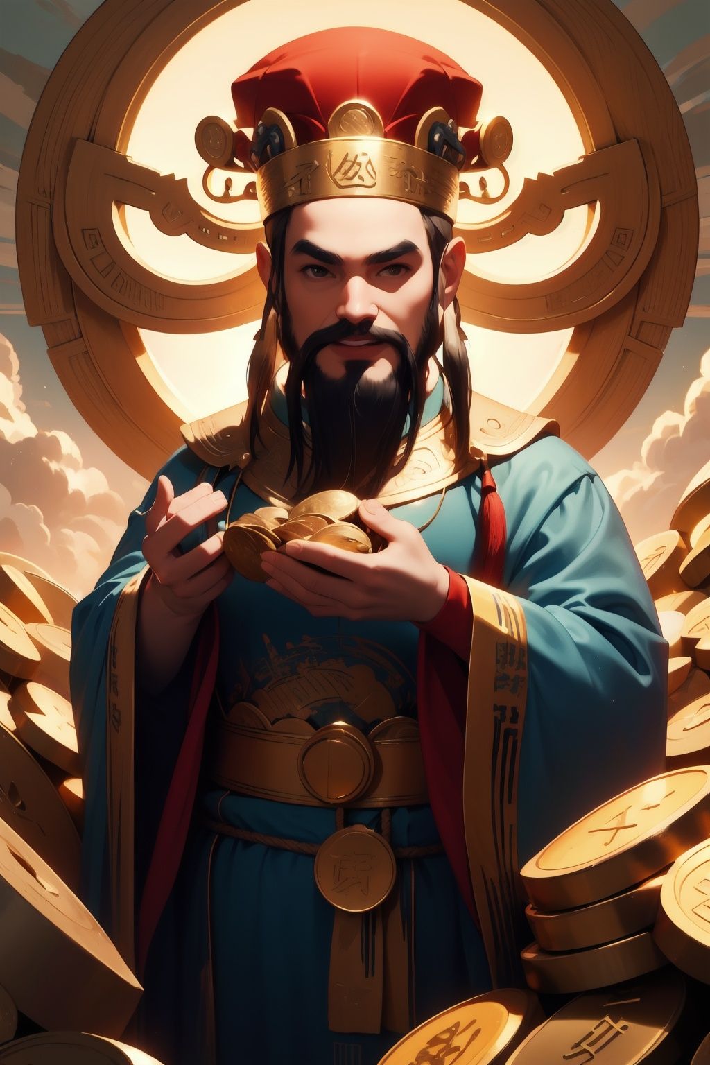 masterpiece,best quality,caishen,1man,facial hair,beard,solo,chinese clothes,male focus,looking at viewer,long sleeves,wearing red caishen_headwear,wide sleeves,(the Tree made of coins:1.2),smile,gold,cloud,<lora:caishen_v2.0:0.8>,