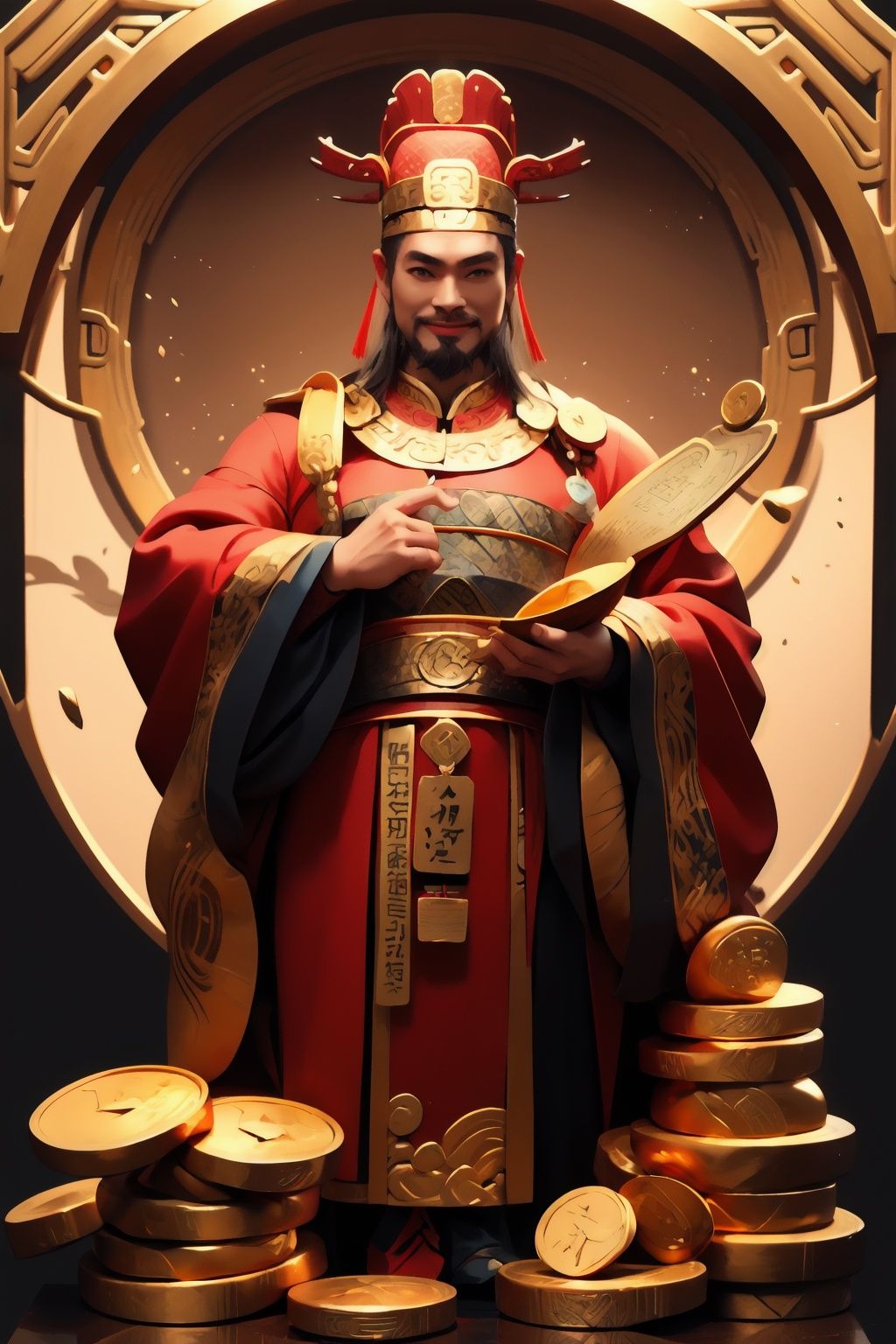 masterpiece,best quality,caishen,1man,facial hair,solo,chinese clothes,male focus,looking at viewer,long sleeves,wearing red caishen_headwear,wide sleeves,robe,smile,full body,coin,golden yuanbao,<lora:caishen_v2.0:0.8>,