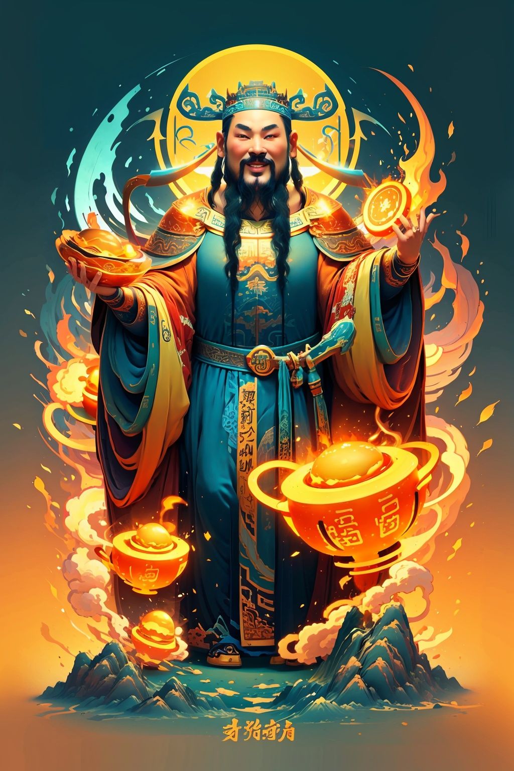masterpiece,best quality,caishen,1man,facial hair,solo,chinese clothes,male focus,looking at viewer,long sleeves,wearing red caishen_headwear,wide sleeves,robe,smile,full body,golden,<lora:caishen_v2.0:0.8>,<lora:zh_style:0.8>,