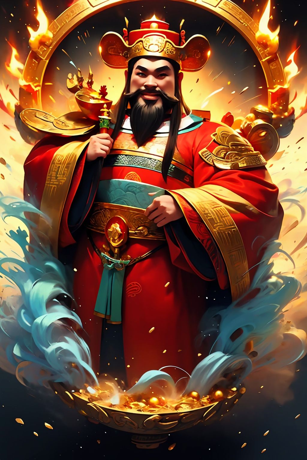 masterpiece,best quality,caishen,1man,(facial hair:1.2),beard,solo,chibi,chinese clothes,male focus,looking at viewer,long sleeves,wearing red caishen_headwear,wide sleeves,robe,smile,full body,gold,<lora:caishen_v2.0:0.9>,<lora:md2034:0.6>,