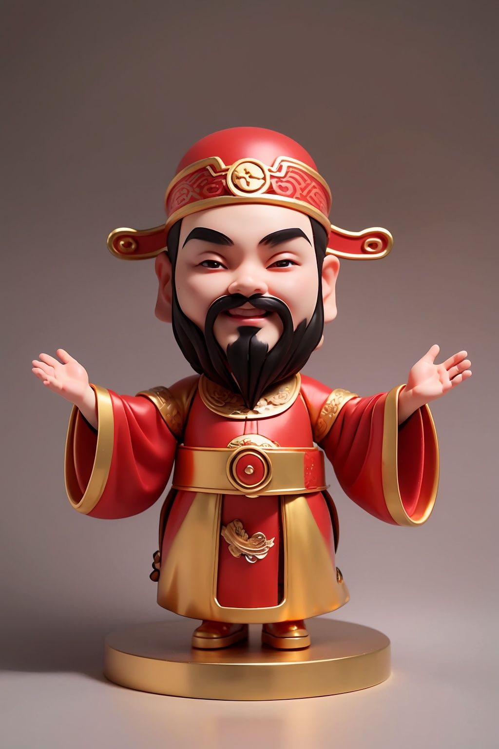masterpiece,best quality,caishen,1man,(facial hair:1.2),solo,chibi,chinese clothes,male focus,looking at viewer,long sleeves,wearing red caishen_headwear,wide sleeves,robe,smile,full body,golden,<lora:caishen_v2.0:0.8>,<lora:blindbox_大概是盲盒_blindbox_v1_mix:0.8>,