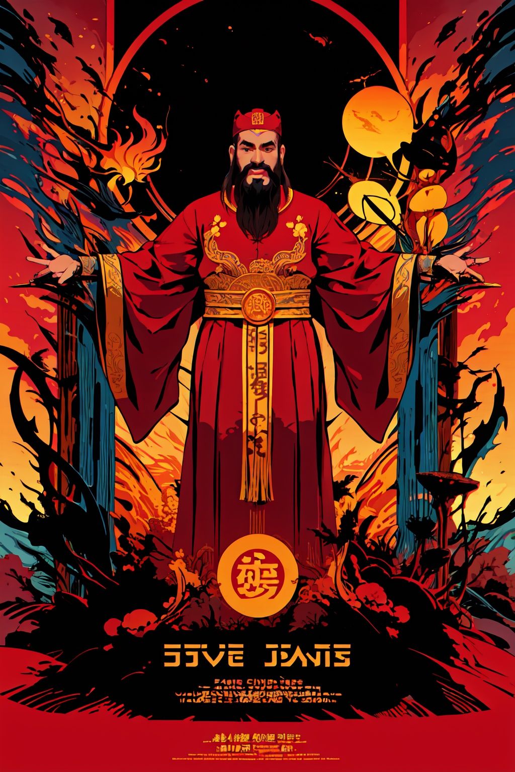 masterpiece,best quality,caishen,1man,facial hair,beard,solo,chinese clothes,male focus,looking at viewer,long sleeves,wearing red caishen_headwear,wide sleeves,robe,smile,full body,gold,<lora:caishen_v2.0:0.8>,<lora:Kilian Eng illustrationn_20230922194928:0.6>,