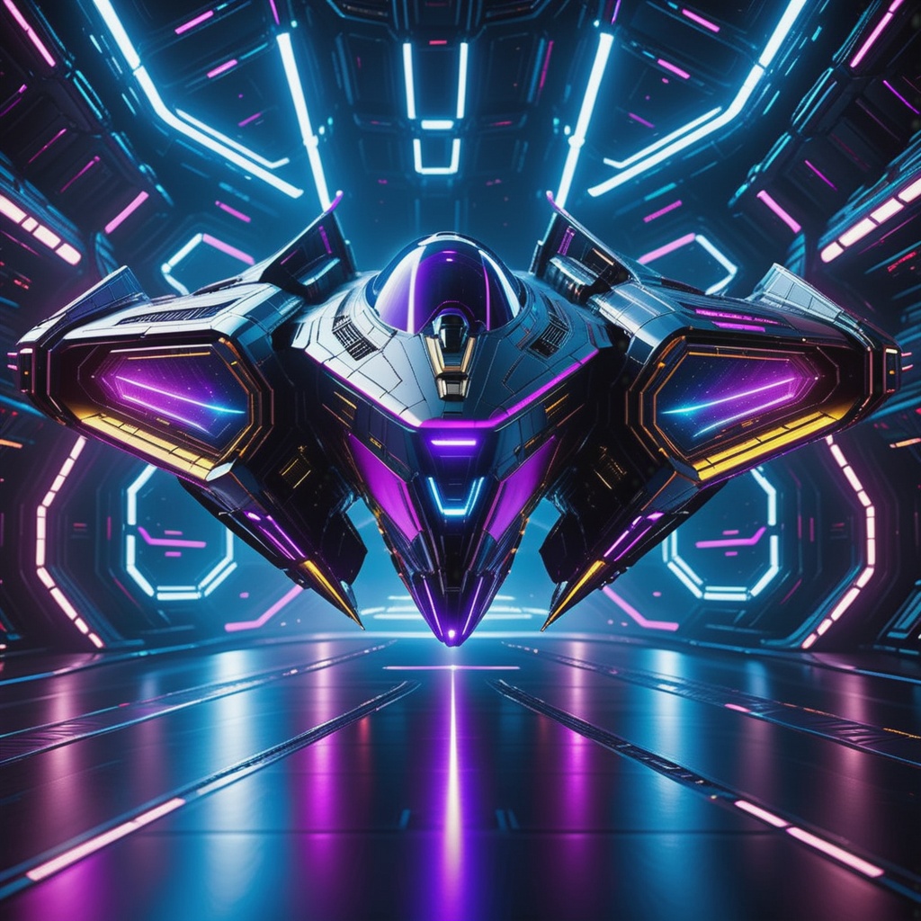 cyberpunk starship navigating the cosmos with sleek,  angular contours,  adorned by vibrant colored neon lights illuminati...