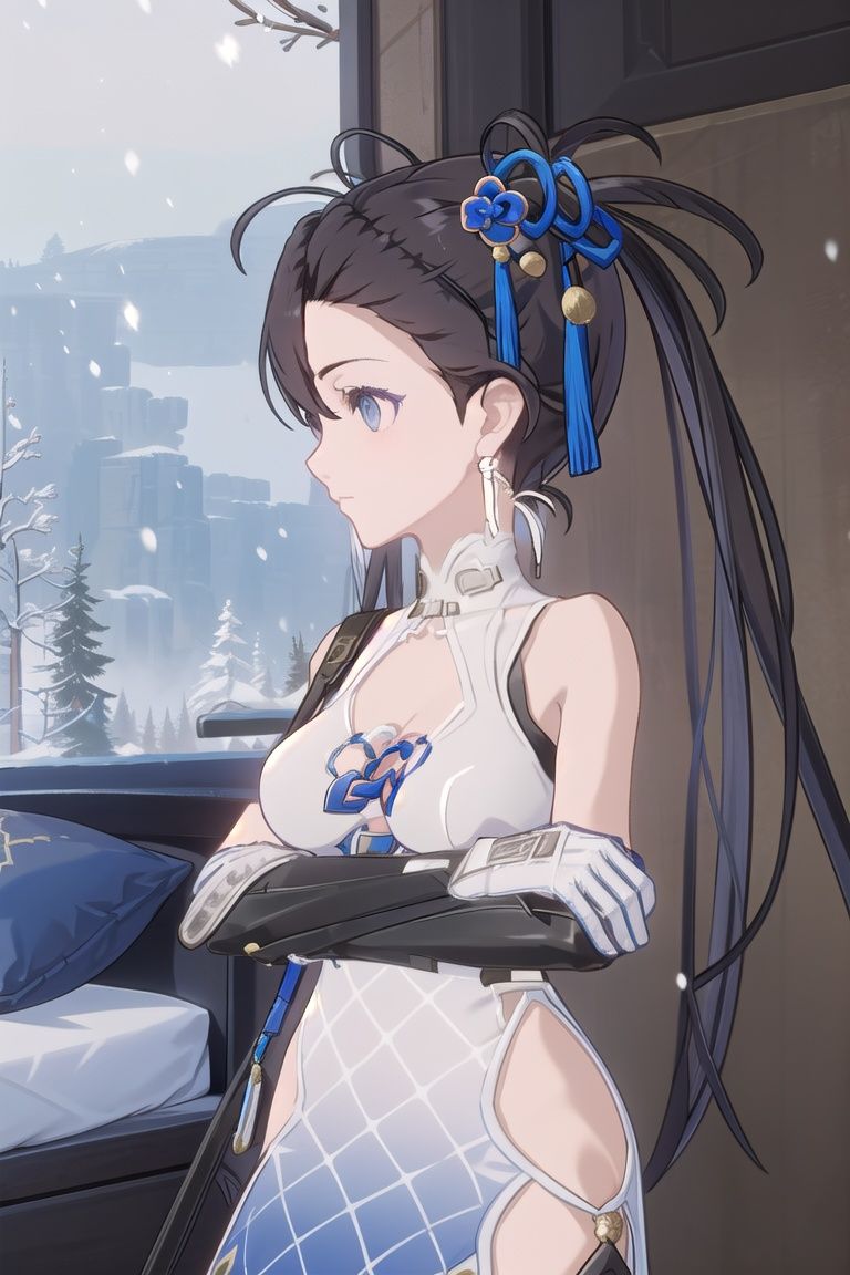(yulan1*1.2), 1girl, back_cutout, bed, breasts, china dress, chinese clothes, cleavage, cleavage cutout, crossed arms, gloves, holding, holding weapon, indoors, medium breasts, profile, simple background, snowing, solo, weapon, white dress <lora:yulan-1:1>