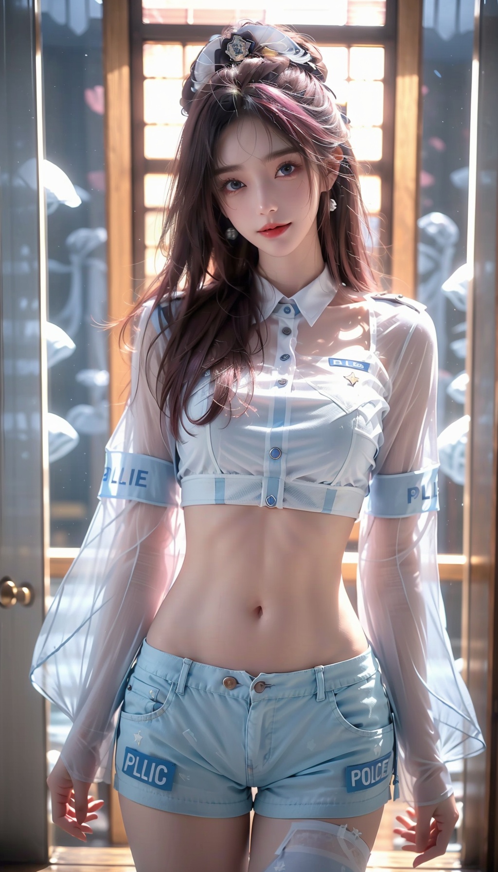  High quality, masterpiece, 1Girl, Earstuds, blue eyes,Earstuds, blue eyes, black hair, short hair,(translucent white police uniform: 1.5), navel exposed, (translucent shorts: 1.3), thigh exposed, (supermodel pose),smile,(solo),（Different postures）,Pink hair,(Perfect hand lines),, 1 girl, ,  yeqinxian