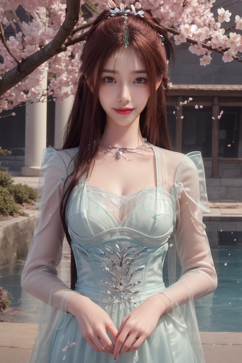  (The background is a cherry blossom tree:1.2),Dim, scattered, backlit, beautiful sky,The skirt is very long. Women, smiling, full chested, bare feet, elegant, lightweight, confident, flower posture, wisdom, charming charm, purity, nobility, artistry, beauty, (best quality), masterpiece, highlights, (original), extremely detailed wallpaper, (original: 1.5), (masterpiece: 1.3), (high resolution: 1.3), (an extremely detailed 32k wallpaper: 1.3), (best quality), Highest image quality, exquisite CG, high quality, high completion, depth of field, (girl: 1.5), (an extremely delicate and beautiful girl: 1.5), (perfect whole body details: 1.5), beautiful and delicate nose, beautiful and delicate lips, beautiful and delicate eyes, (clear eyes: 1.3), beautiful and delicate facial features, beautiful and delicate face, hand processing, hand optimization, hand detail optimization, hand detail processing, detailed beautiful clothes, complex details, Extreme detail portrayal, HDR, detailed background, realistic, (transparent PV iridescent colors: 1.3),FUJI,Film(/FUJI/),bj_Alice,LOMO,cyborg,1 girl,huliya,YUNY, lmyh, yeqinxian
