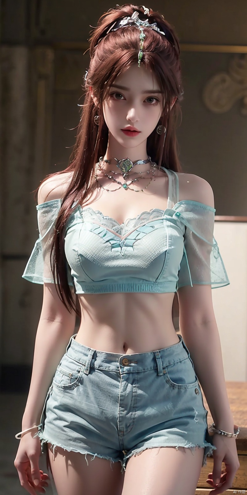  nai3, 1girl, shorts, solo, crop top, black shorts, choker, blue eyes, black hair, navel, shirt, midriff, crop top overhang, looking at viewer, white shirt, jewelry, breasts, cowboy shot, bare shoulders, short shorts, off-shoulder shirt, off shoulder, black choker, thighs, stomach, hand on own thigh, long hair, bracelet, short sleeves, ribbon, hand up, collarbone, hair ribbon, medium breasts, standing, high-waist shorts, dolphin shorts, bra strap, closed mouth, hair ornament, thigh gap, bangs, necklace, expressionless, , yeqinxian