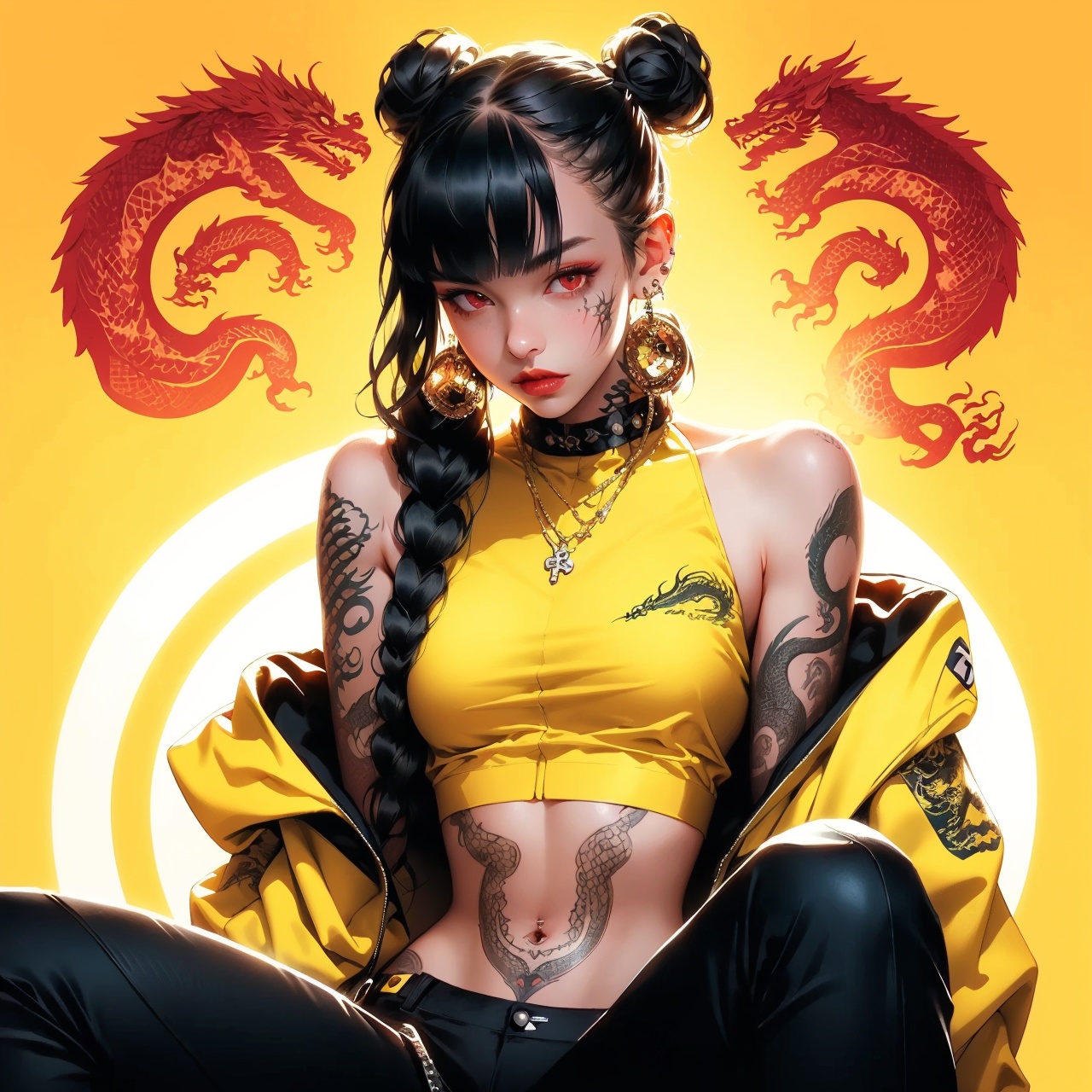  Best quality,8k,cg,1girl, jewelry, eastern dragon, solo, braid, black hair, tattoo, earrings, pants, looking at viewer, arm tattoo, black pants, crop top, long hair, bangs, jacket, sleeveless, dragon, hair bun, necklace, double bun, parted lips, off shoulder, bare shoulders, sitting, yellow jacket, small breasts, lips, midriff, red eyes, shoulder tattoo, breasts, makeup, blunt bangs, hair over shoulder