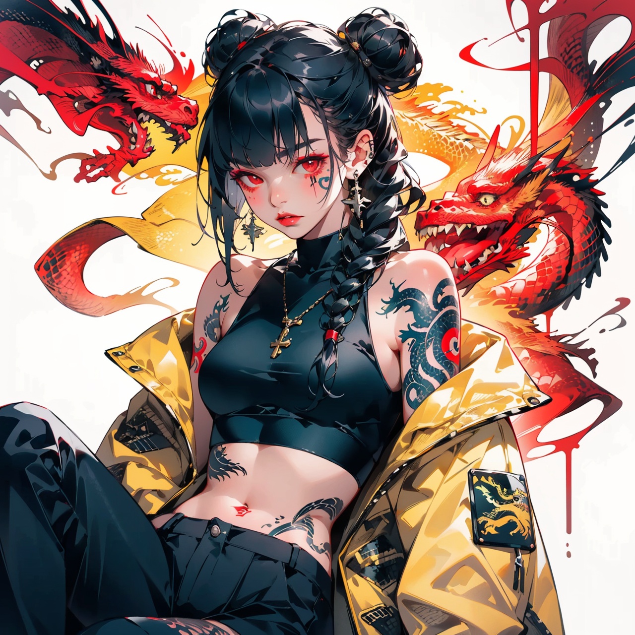  Best quality,8k,cg,1girl, jewelry, eastern dragon, solo, braid, black hair, tattoo, earrings, pants, looking at viewer, arm tattoo, black pants, crop top, long hair, bangs, jacket, sleeveless, dragon, hair bun, necklace, double bun, parted lips, off shoulder, bare shoulders, sitting, yellow jacket, small breasts, lips, midriff, red eyes, shoulder tattoo, breasts, makeup, blunt bangs, hair over shoulder