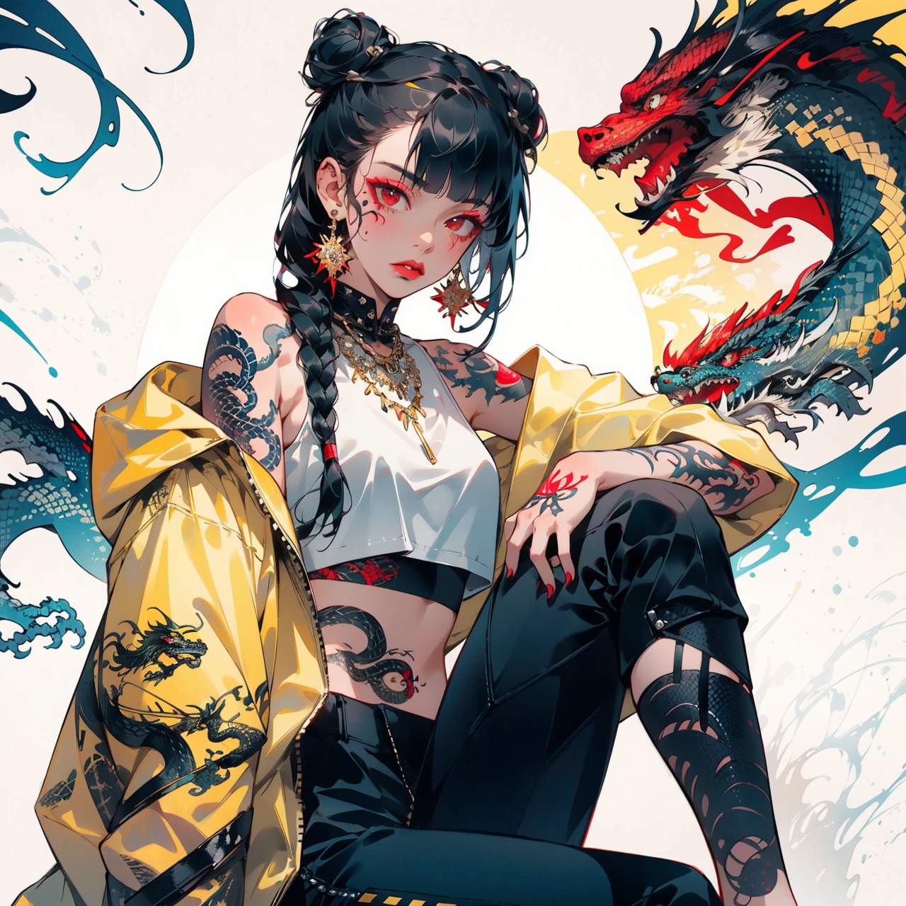  Best quality,8k,cg,1girl, jewelry, eastern dragon, solo, braid, black hair, tattoo, earrings, pants, looking at viewer, arm tattoo, black pants, crop top, long hair, bangs, jacket, sleeveless, dragon, hair bun, necklace, double bun, parted lips, off shoulder, bare shoulders, sitting, yellow jacket, small breasts, lips, midriff, red eyes, shoulder tattoo, breasts, makeup, blunt bangs, hair over shoulder