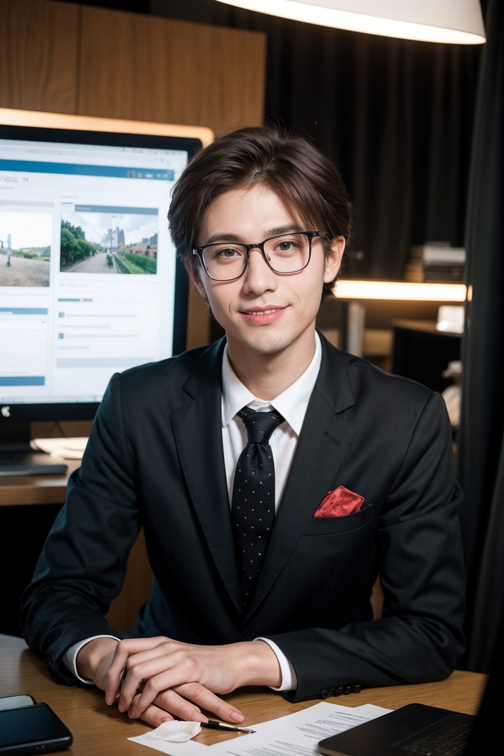  A photo of a young, nerdy man sitting behind a desk, 
wearing a suit, surrounded by a cozy atmosphere, looking at the viewer.
short red hair, smile with the camera, 

HDR, Vibrant colors, surreal, highly detailed, masterpiece, ultra high res,