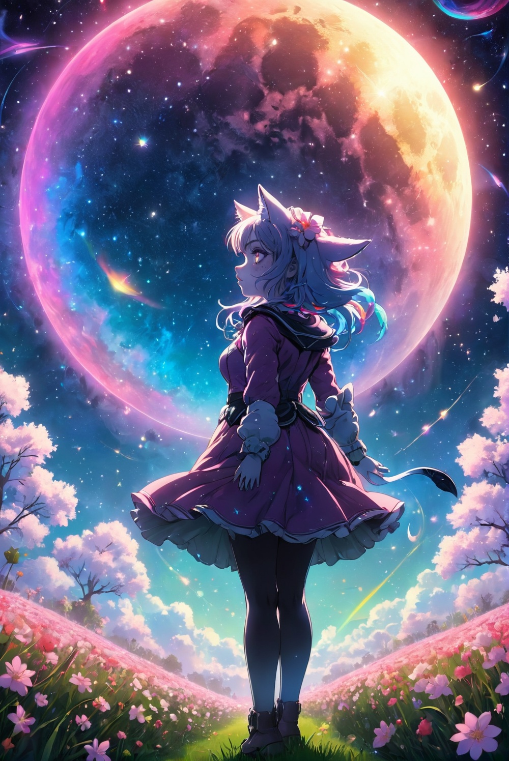 (bottom view),  catgirl standing in a flower field looking up (full moon),  (shooting stars) on Tensor.Art