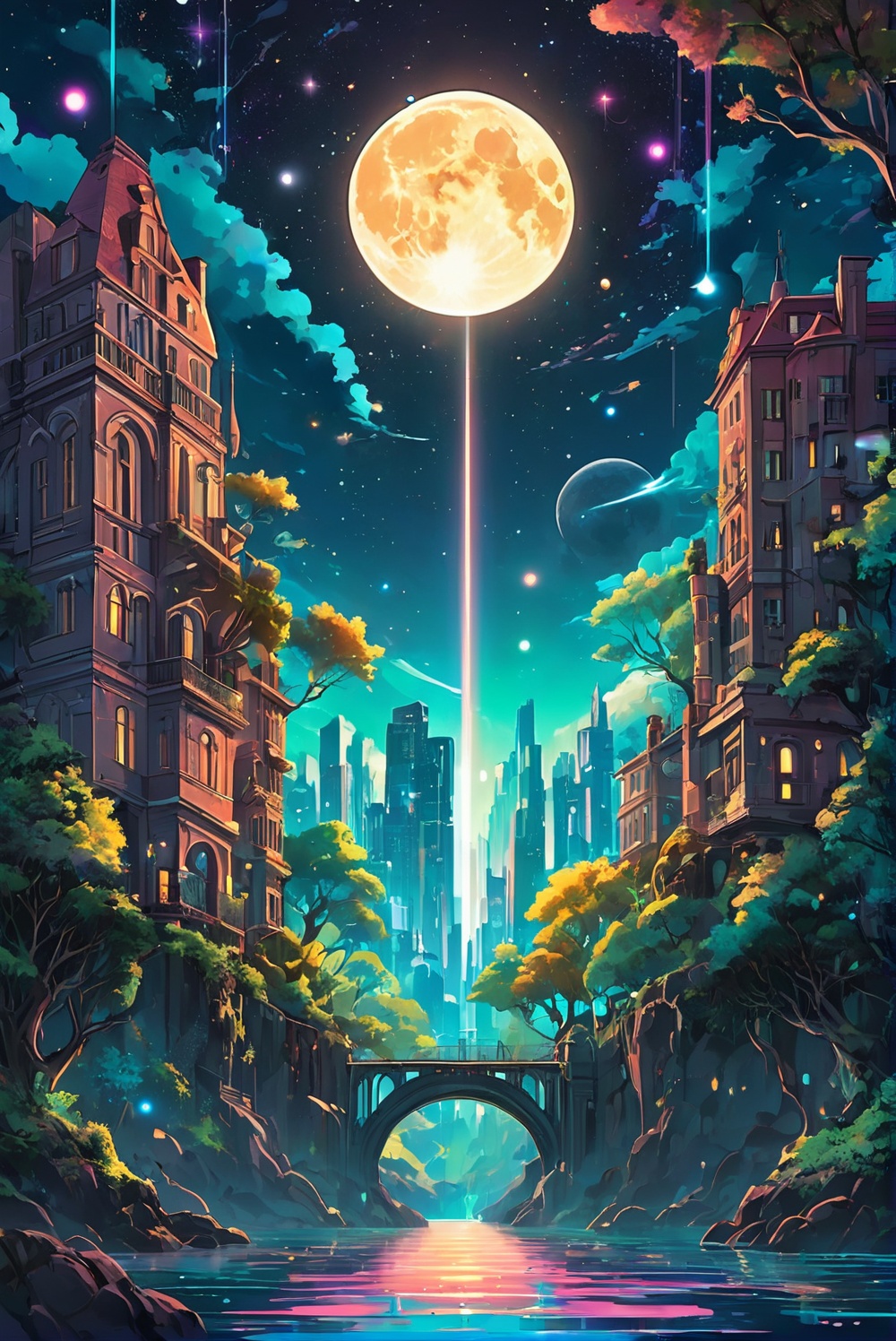 Dreamyvibes artstyle,  Surreal landscape blending day and night,  where a river of stars divides a cityscape merging with...