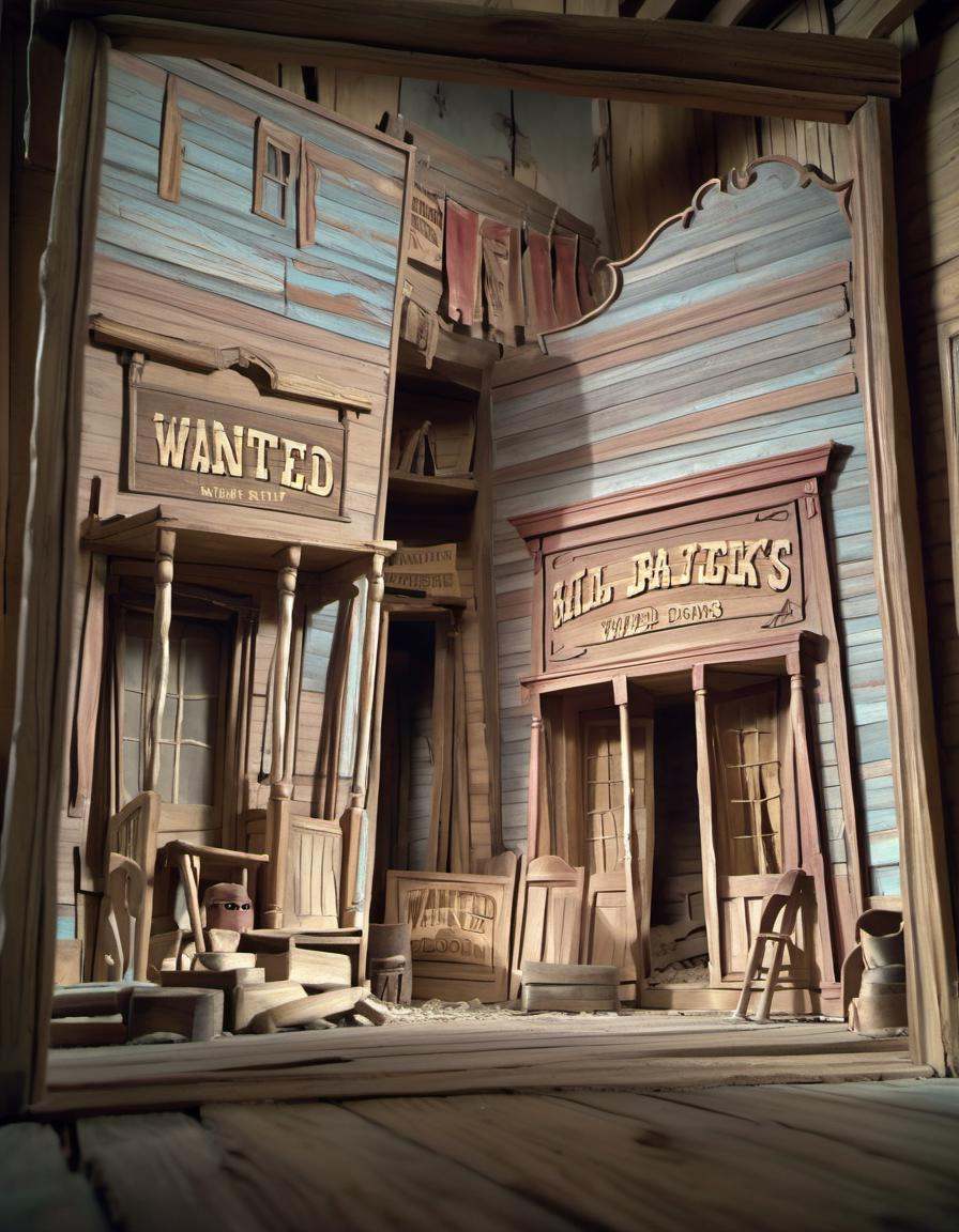 stopmotion, Wild West Town: Dusty, wooden saloons, tumbleweeds, cowboys, wanted posters, swinging saloon doors. <lora:STOPMO_1.12_RC:0.9>
