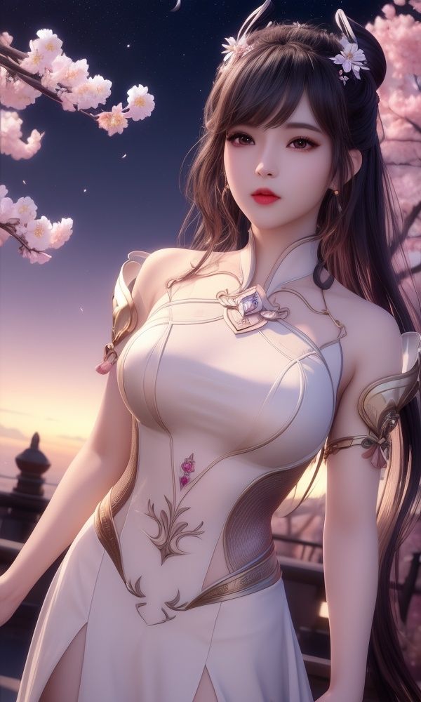 (,1girl, ,best quality, )<lora:349-DA-斗罗大陆-小舞-成年:0.6>,, ,masterpiece,(( , )),, realistic,science fiction,mole,,ultra realistic 8k cg, flawless,tamari \(flawless\),  ,cherry blossoms,,night, night sky, crescent moon, moonlight,,(facing viewer, looking at viewer, , ),  (()), (),
