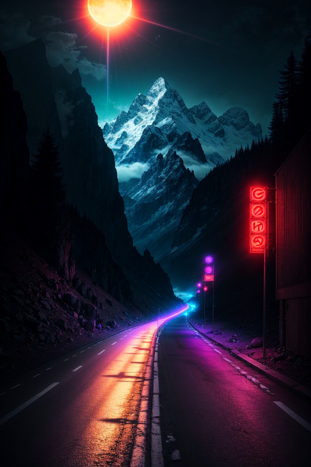 road,  purple neon lights,  sun by Keith on Tensor.Art