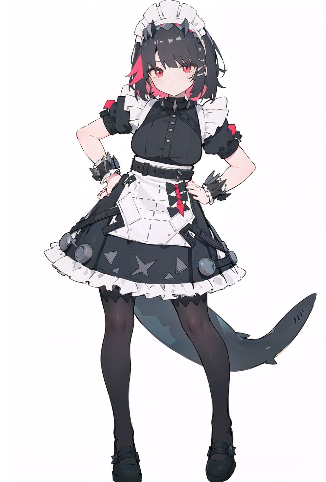 8k, best quality, masterpiece, (ultra-detailed:1.1), (high detailed skin), (full body:1.2), white background, standing, looking at viewer, (solo:1.4), hand on hip, <lora:sharkmaid-v100-000029:0.8:lbw=OUTALL>, maid, Ellen Joe, tail, shark girl, (shark:-0.5), 1girl, red eyes, tail, pantyhose, multicolored hair, black footwear, short sleeves, apron, wrist cuffs, maid headdress, (white background, simple background:1.4), <lora:EnvyBetterHands LoCon_beta2 辅助:0.55>, ( good hands, nice hands:0.5), (beautiful_face), ((intricate_detail)), clear face, ((finely_detailed)), fine_fabric_emphasis, ((glossy)), full_shot