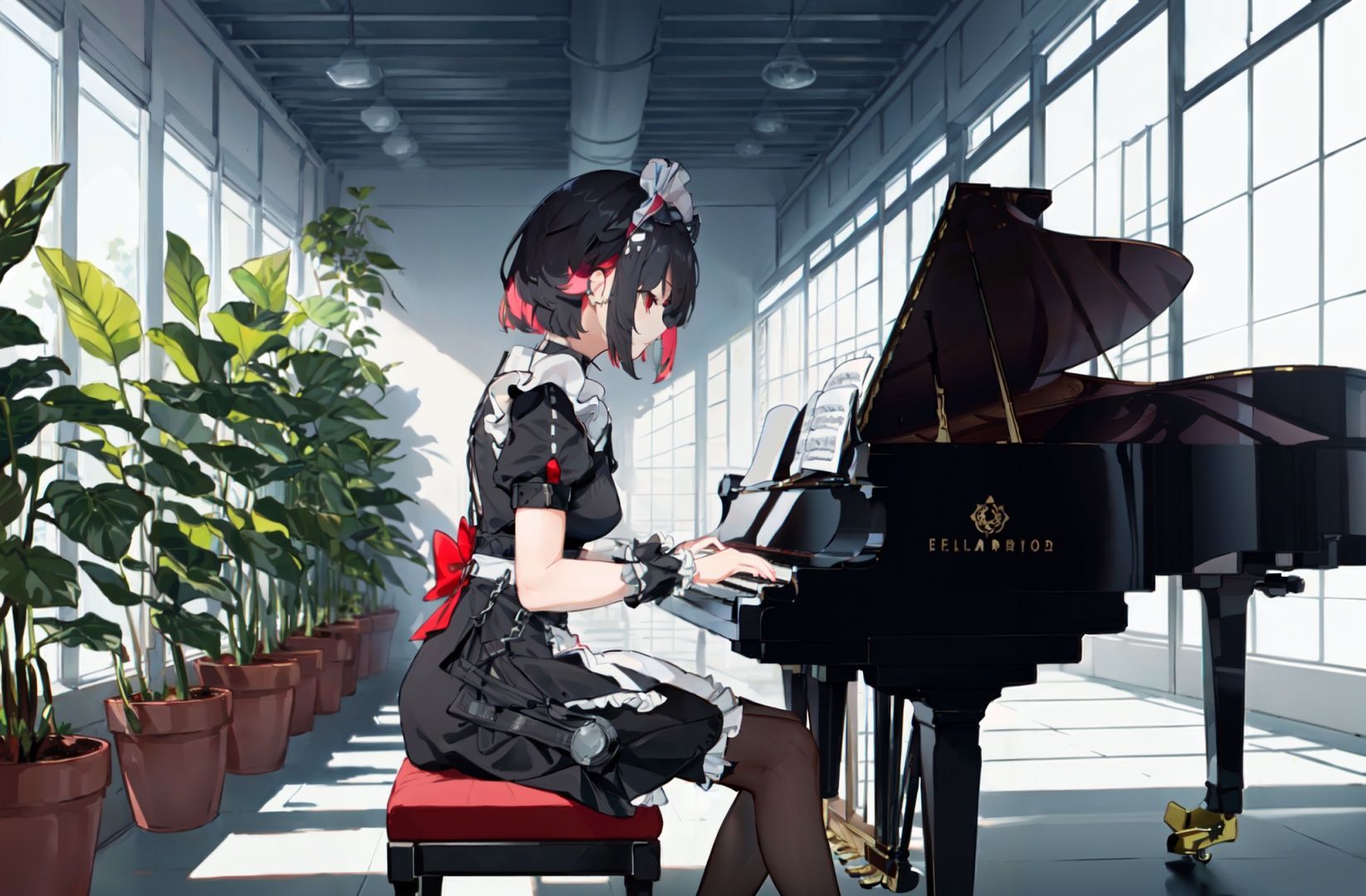 (outline), (emphasis lines), (detailed 8K wallpaper), (from side), (cowboy shot), (1 girl playing piano:1.2), sitting, (floating musical note around girl:1.4), detailed European piano, <lora:sharkmaid-v100-000029:0.8>, maid, Ellen Joe, 1tail, shark girl, (shark:-0.5), 1girl, red eyes, tail, pantyhose, multicolored hair, black footwear, short sleeves, apron, wrist cuffs, maid headdress, BREAK(Detailed musical notes:1.2), piano, detailed room, (greenhouse), Blurred background, fog in the distance, (Potted plants background), window