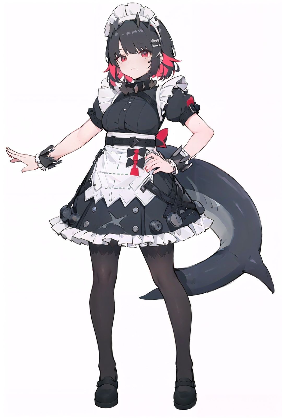 8k, best quality, masterpiece, (ultra-detailed:1.1), (high detailed skin), (full body:1.2), white background, standing, looking at viewer, (solo:1.4), hand on hip, <lora:sharkmaid-v100-000029:0.8>, maid, Ellen Joe, 1tail, shark girl, (shark:-0.5), 1girl, red eyes, tail, pantyhose, multicolored hair, black footwear, short sleeves, apron, wrist cuffs, maid headdress, (white background, simple background:1.4), <lora:EnvyBetterHands LoCon_beta2 辅助:0.55>, ( good hands, nice hands:0.5), (beautiful_face), ((intricate_detail)), clear face, ((finely_detailed)), fine_fabric_emphasis, ((glossy)), full_shot