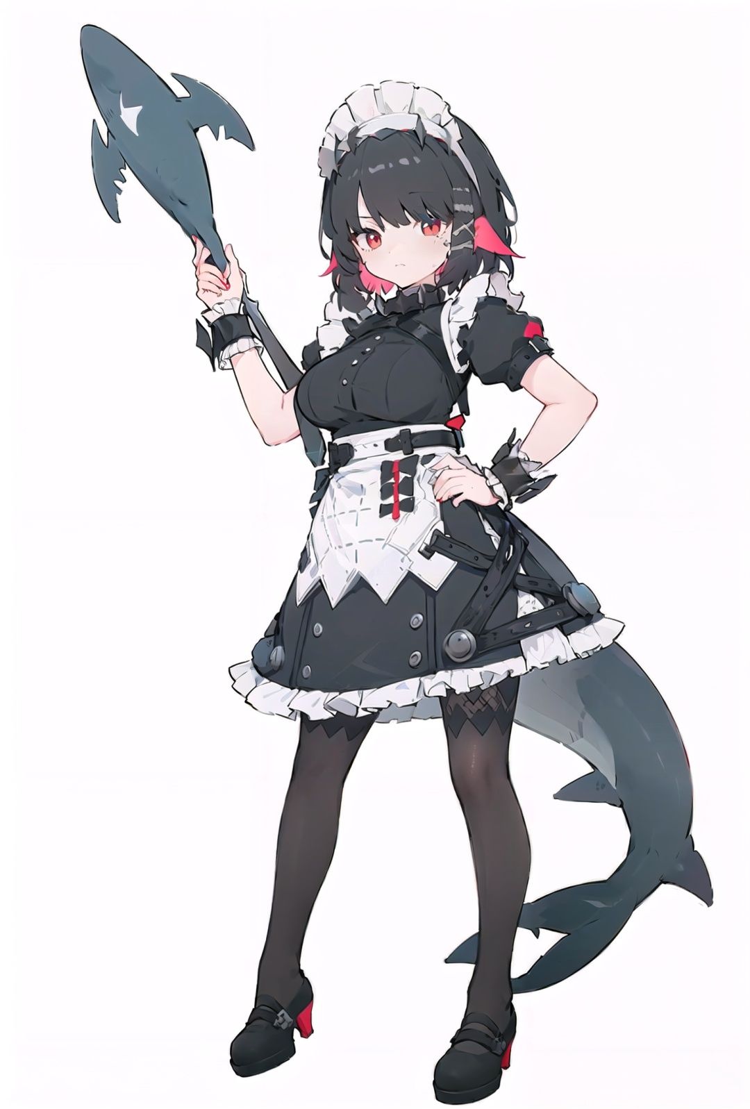 8k, best quality, masterpiece, (ultra-detailed:1.1), (high detailed skin), (full body:1.2), white background, standing, looking at viewer, (solo:1.4), hand on hip, <lora:sharkmaid-v100-000029:0.8>, maid, Ellen Joe, 1tail, shark girl, (shark:-0.5), 1girl, red eyes, tail, pantyhose, multicolored hair, black footwear, short sleeves, apron, wrist cuffs, maid headdress, (white background, simple background:1.4), <lora:EnvyBetterHands LoCon_beta2 辅助:0.55>, ( good hands, nice hands:0.5), (beautiful_face), ((intricate_detail)), clear face, ((finely_detailed)), fine_fabric_emphasis, ((glossy)), full_shot