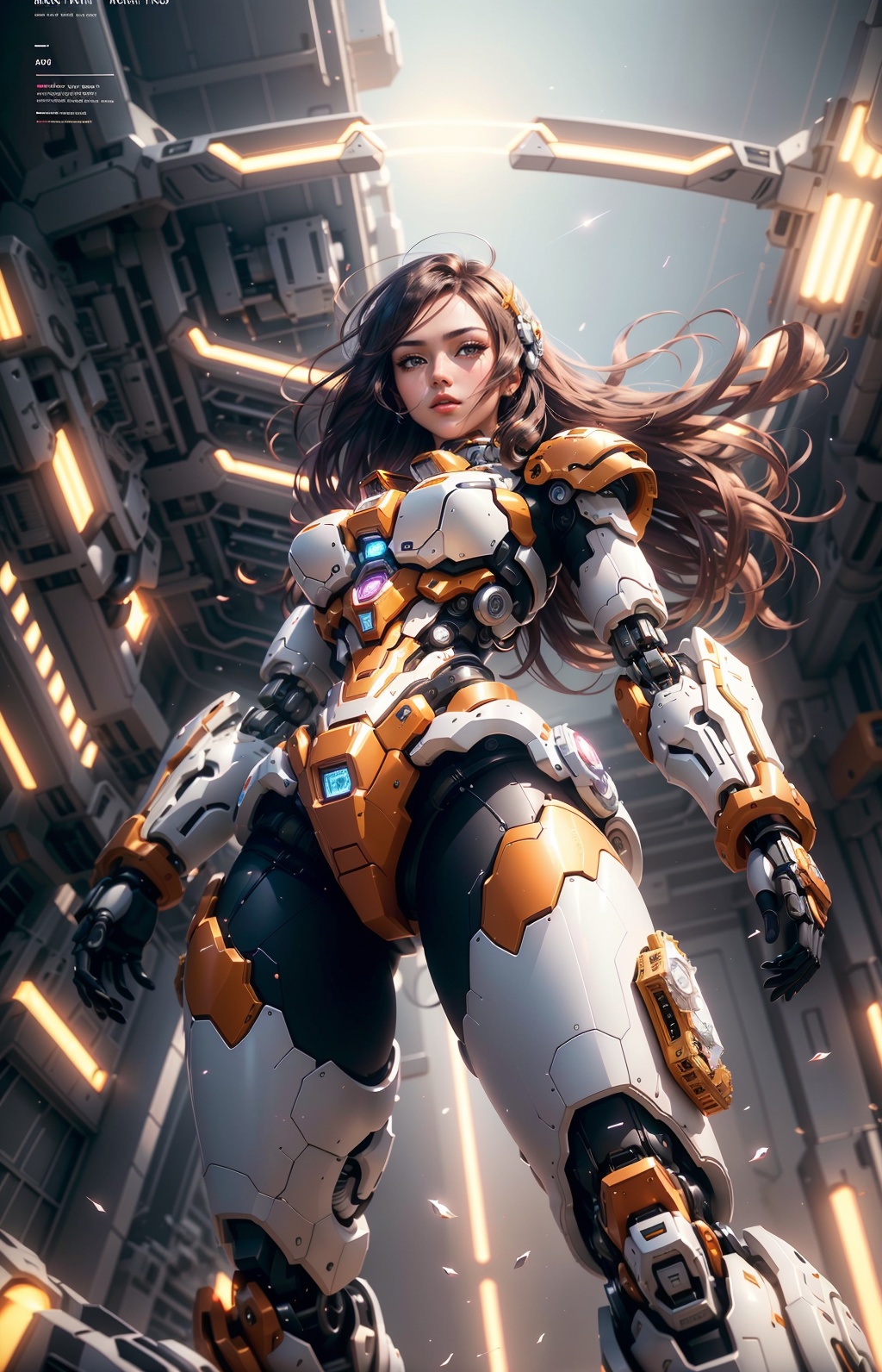  1girl, parted lips, hair blowing in wind, open hand, machinery, Mecha, science fiction, machinery armor, Metallic luster, electroplated, clothes sign, Mars, spaceship, floating cannon, hexagon, (from below:1.2), glow, backlighting, (background blur:1.2), cinematic lighting, Low illumination, VHS-style, (masterpiece:1.3), (best quality:1.1), intricate detailed, (Hyperrealistic:1.1), (realistic details:1.1), highly detailed, (the text on the cover should be bold and attention-grabbing, with the title of the magazine and a catchy headline:1.4), , ,Super perspective,wide shot. Dynamic pose, fighting_stance.,wide shot, BY MOONCRYPTOWOW