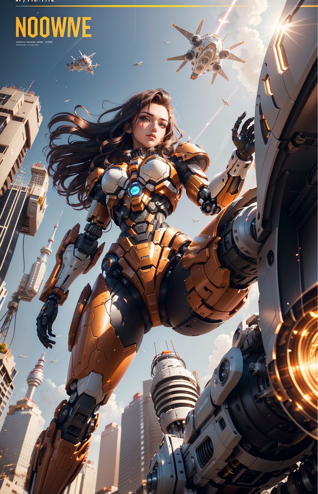  1girl, parted lips, hair blowing in wind, open hand, machinery, Mecha, science fiction, machinery armor, Metallic luster, electroplated, clothes sign, Mars, spaceship, floating cannon, hexagon, (from below:1.2), glow, backlighting, (background blur:1.2), cinematic lighting, Low illumination, VHS-style, (masterpiece:1.3), (best quality:1.1), intricate detailed, (Hyperrealistic:1.1), (realistic details:1.1), highly detailed, (the text on the cover should be bold and attention-grabbing, with the title of the magazine and a catchy headline:1.4), , ,Super perspective,wide shot. Dynamic pose, fighting_stance.,wide shot, BY MOONCRYPTOWOW