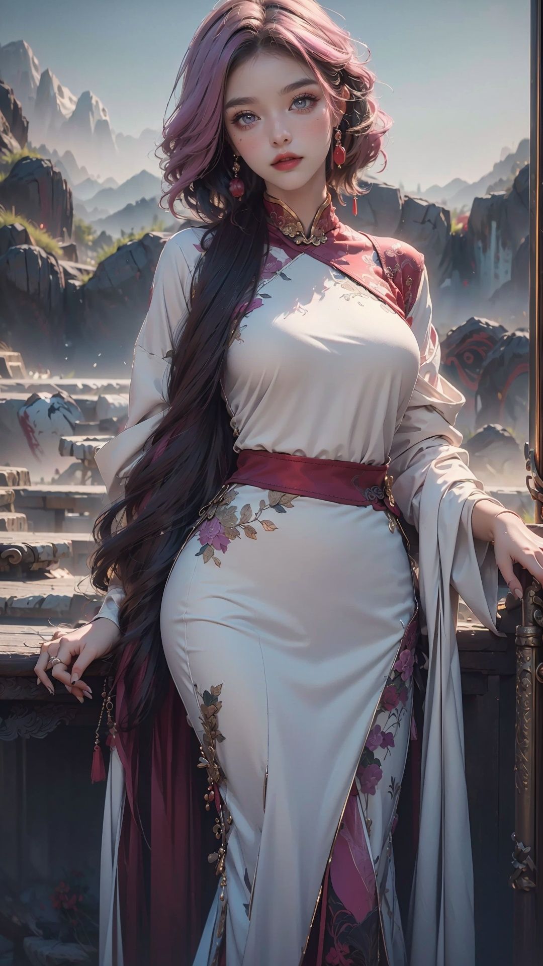 (best quality, 4k, 8k, highres, masterpiece:1.2),(ultra-detailed),girl,<lora:山水中国风MJ:0.75>,1girl,curvy,curly hair,(long hair:1.2),pink hair,lipstick,eyeshadow,purple eyes,bright_pupils,china_dress,wide_shot,standing,looking at viewer,