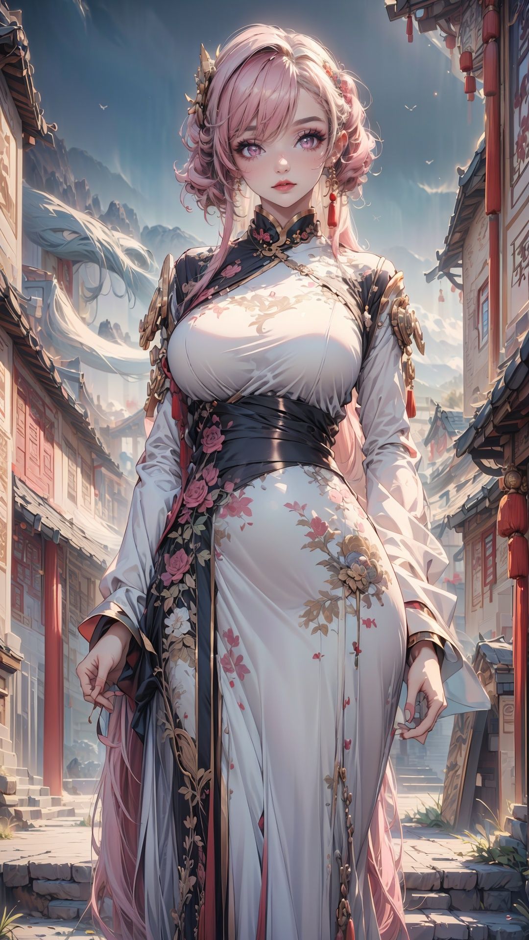 (best quality, 4k, 8k, highres, masterpiece:1.2),(ultra-detailed),girl,<lora:山水中国风MJ:0.75>,1girl,curvy,curly hair,(long hair:1.2),pink hair,lipstick,eyeshadow,purple eyes,bright_pupils,china_dress,wide_shot,standing,looking at viewer,