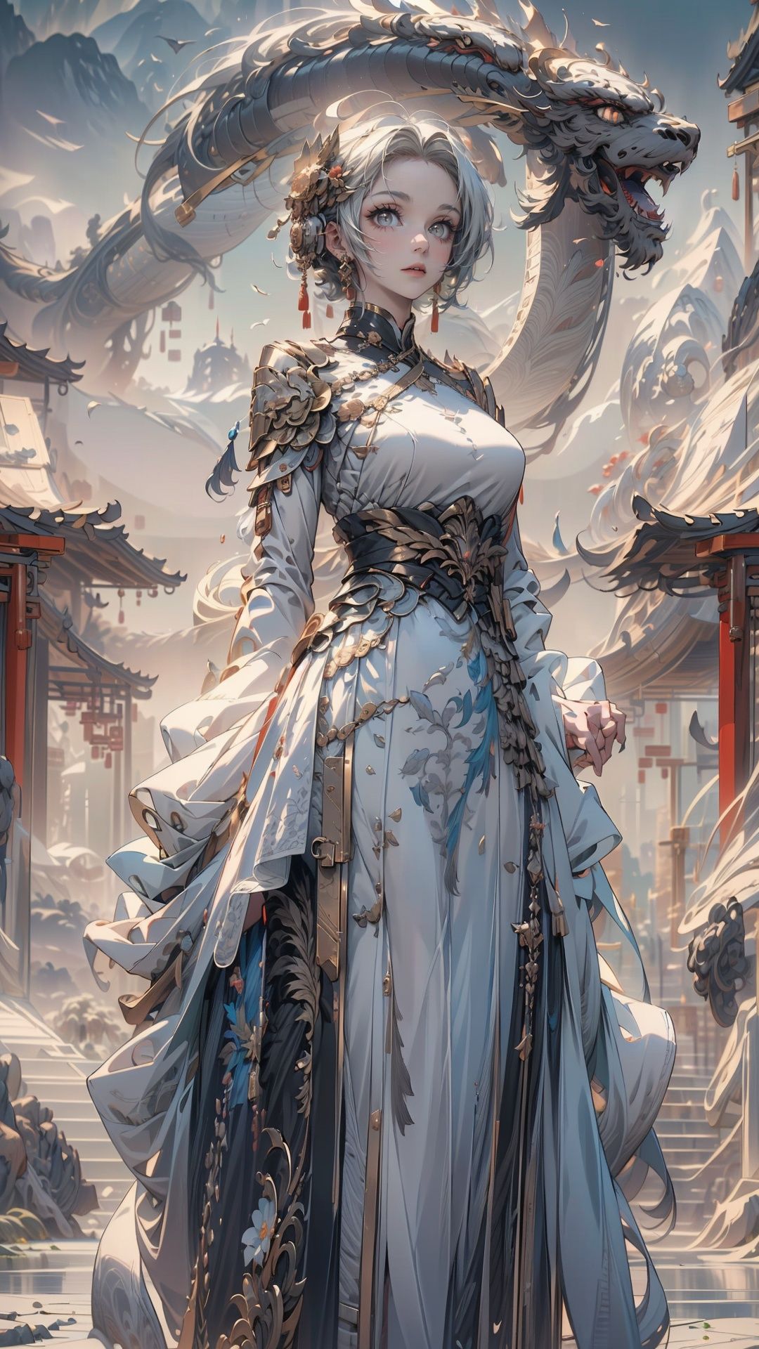 (best quality, 4k, 8k, highres, masterpiece:1.2),(ultra-detailed),(1girl:1.2),grey hair,short hair,brown eyes,bright_pupils,china_dress,standing,behind it is a rotating magic circle,wide_shot,