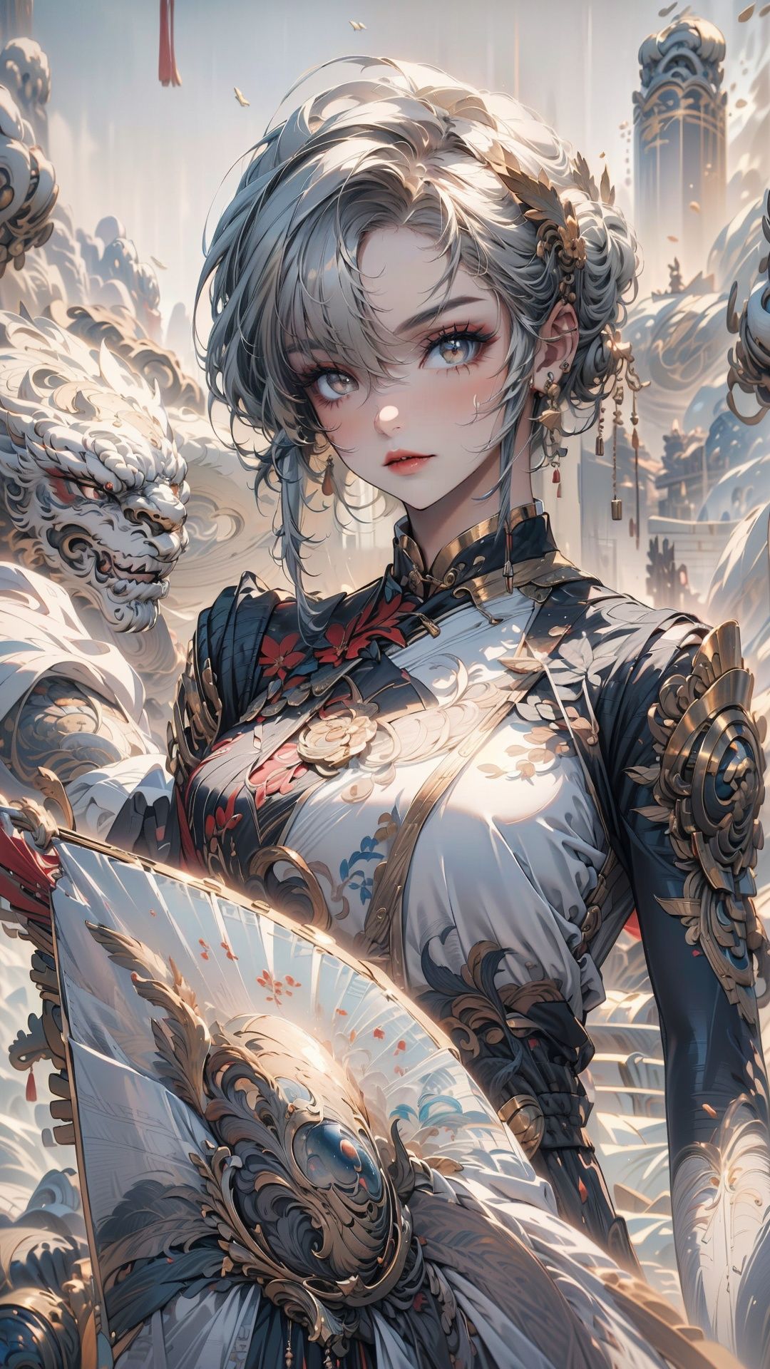 (best quality, 4k, 8k, highres, masterpiece:1.2),(ultra-detailed),(1girl:1.3),grey hair,short hair,brown eyes,bright_pupils,china_dress,wide_shot,disgust,(holding_fan:1.2),artbook,curvy,eyeshadow,lipstick,standing,