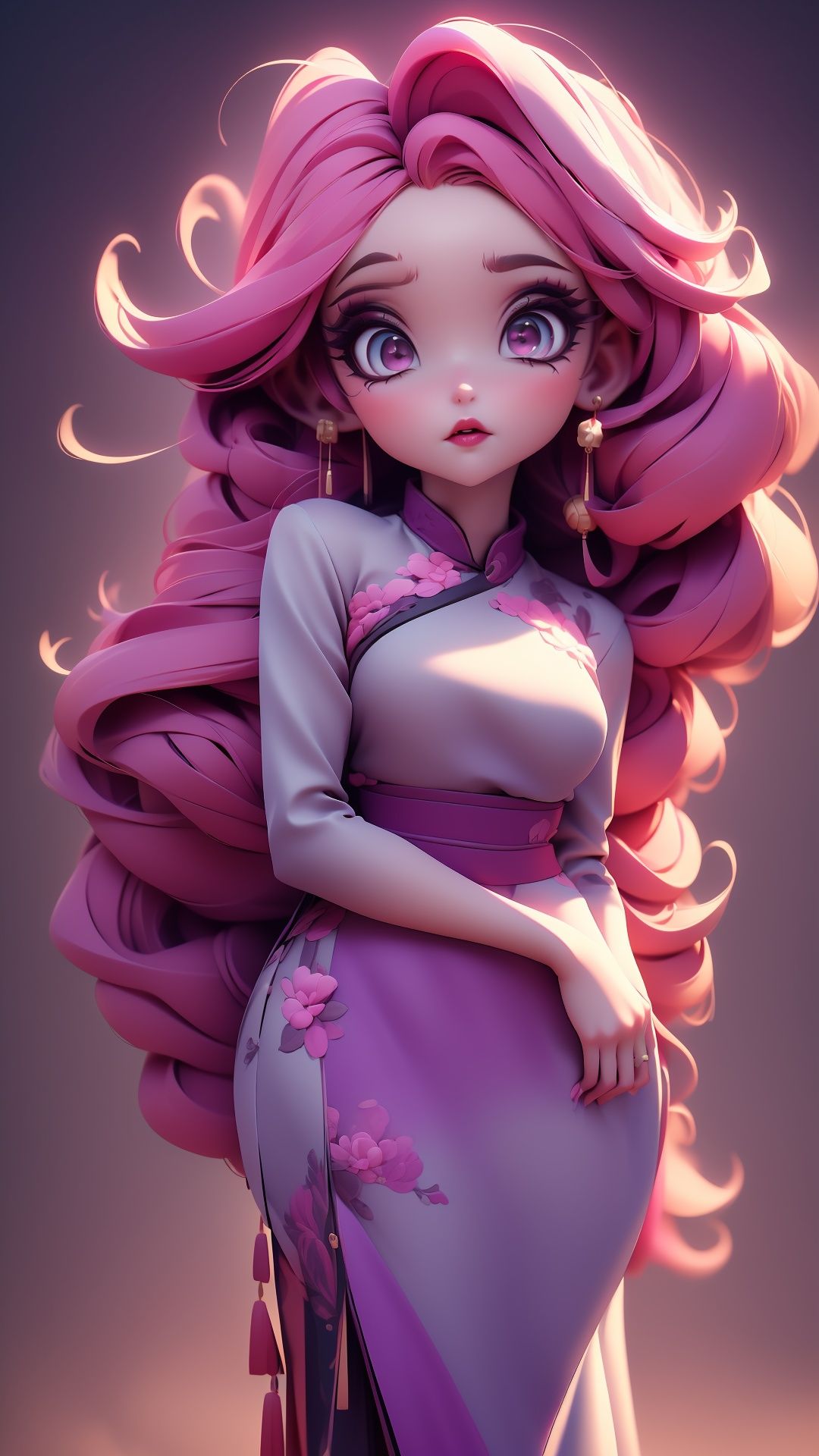 (best quality, 4k, 8k, highres, masterpiece:1.2),(ultra-detailed),girl,<lora:山水中国风MJ:0.75>,1girl,curvy,curly hair,(long hair:1.2),pink hair,lipstick,eyeshadow,purple eyes,bright_pupils,china_dress,wide_shot,standing,looking at viewer,