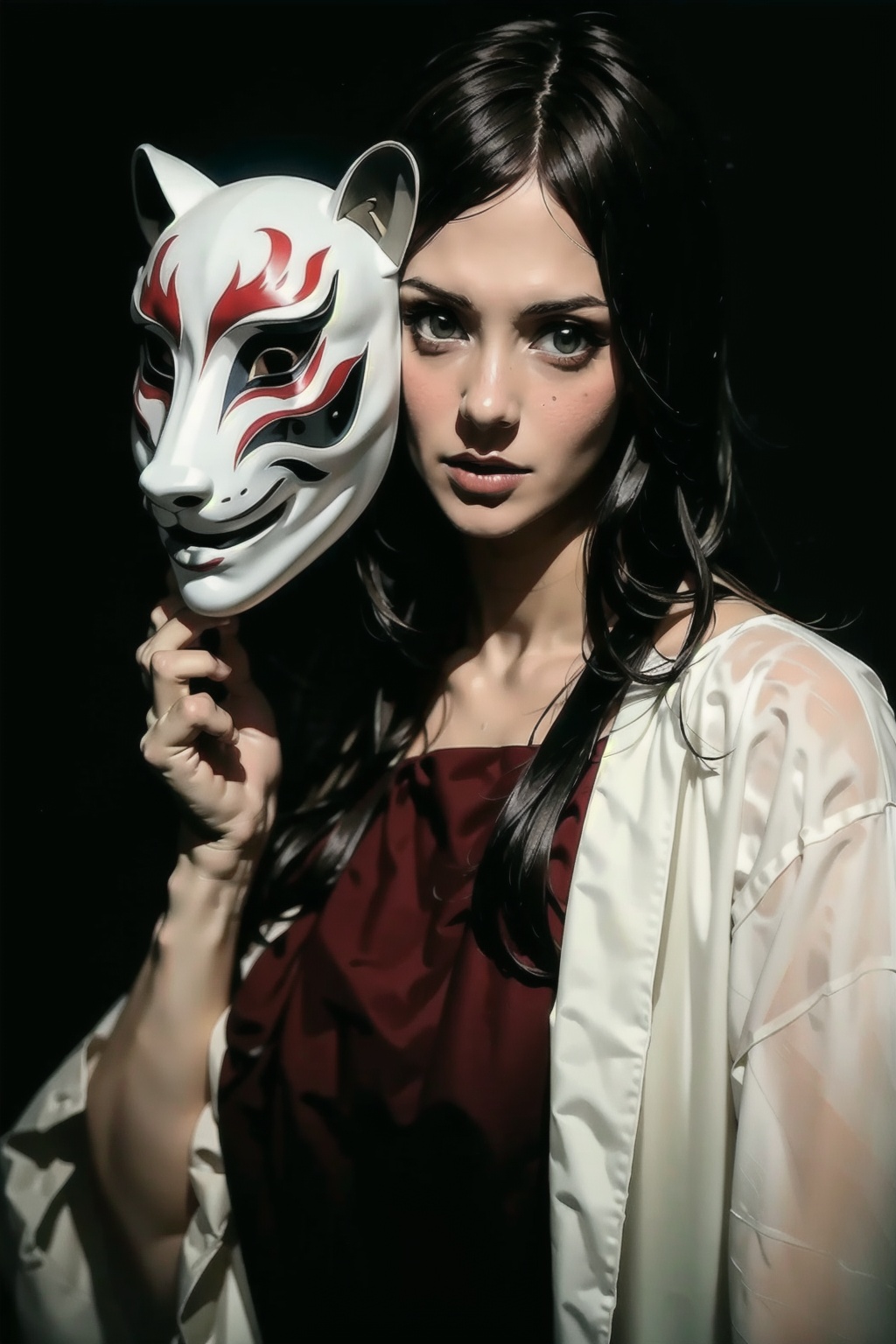  absurdres,incredibly absurdres,reality,realistic,,(solo:1.2),1girl,,Beast Mask,disguise, Take off or put on_mask,Beast Mask, tiger, Film Photography,Ghost Mask