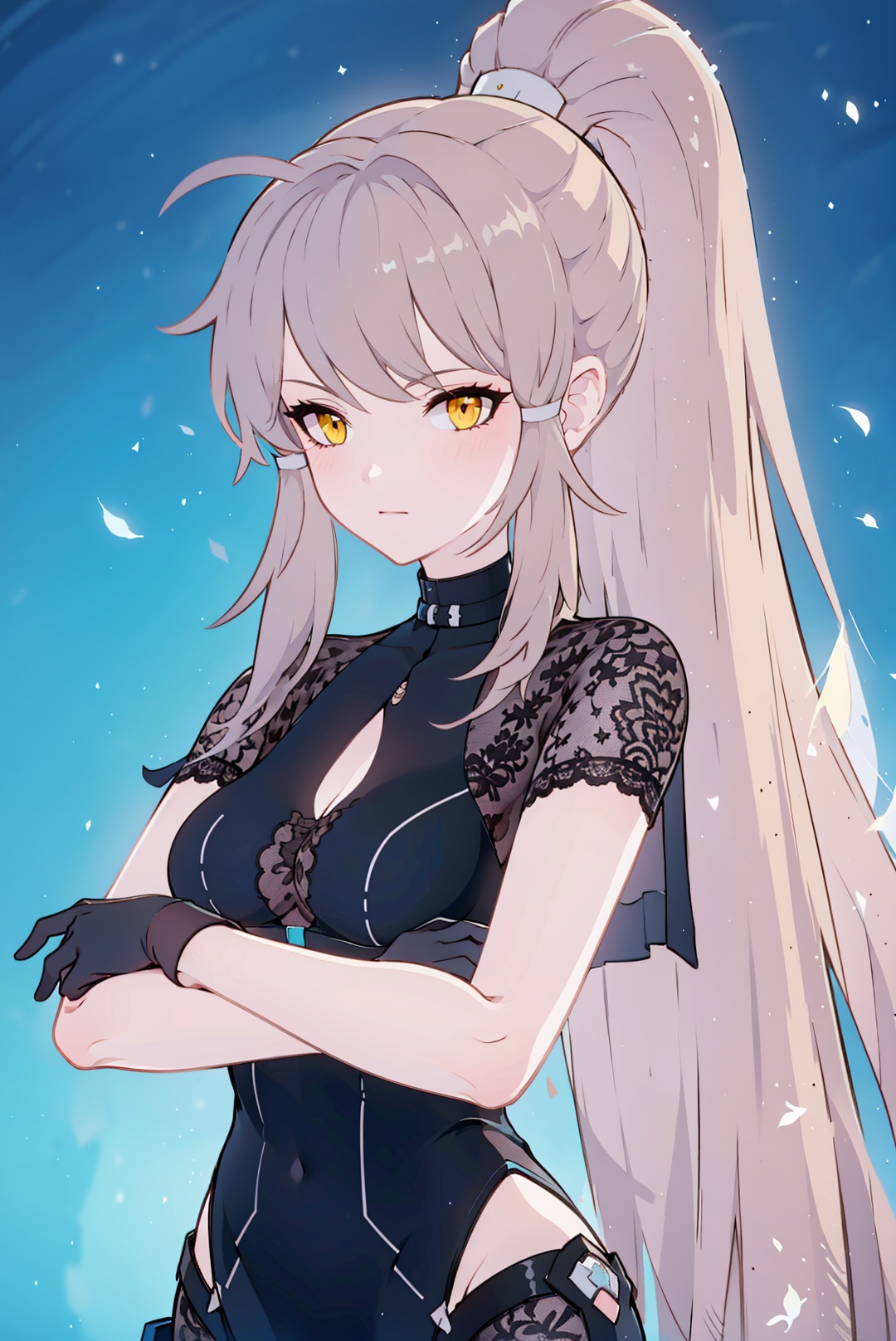 1girl, solo, long hair, gloves, ponytail, crossed arms, yellow eyes, breasts, bangs, closed mouth, very long hair, brown hair, looking at viewer, medium breasts, dress, short sleeves, grey hair,saimierXF,
(masterpiece:1.2), best quality, masterpiece, highres, original,ultra-detailed, illustration,extremely detailed wallpaper, perfect lighting,(extremely detailed CG:1.2), drawing, paintbrush, saimierXF